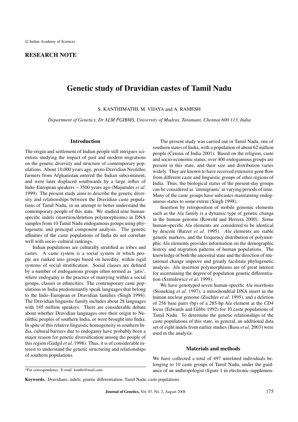 Genetic Study of Dravidian Castes of Tamil Nadu