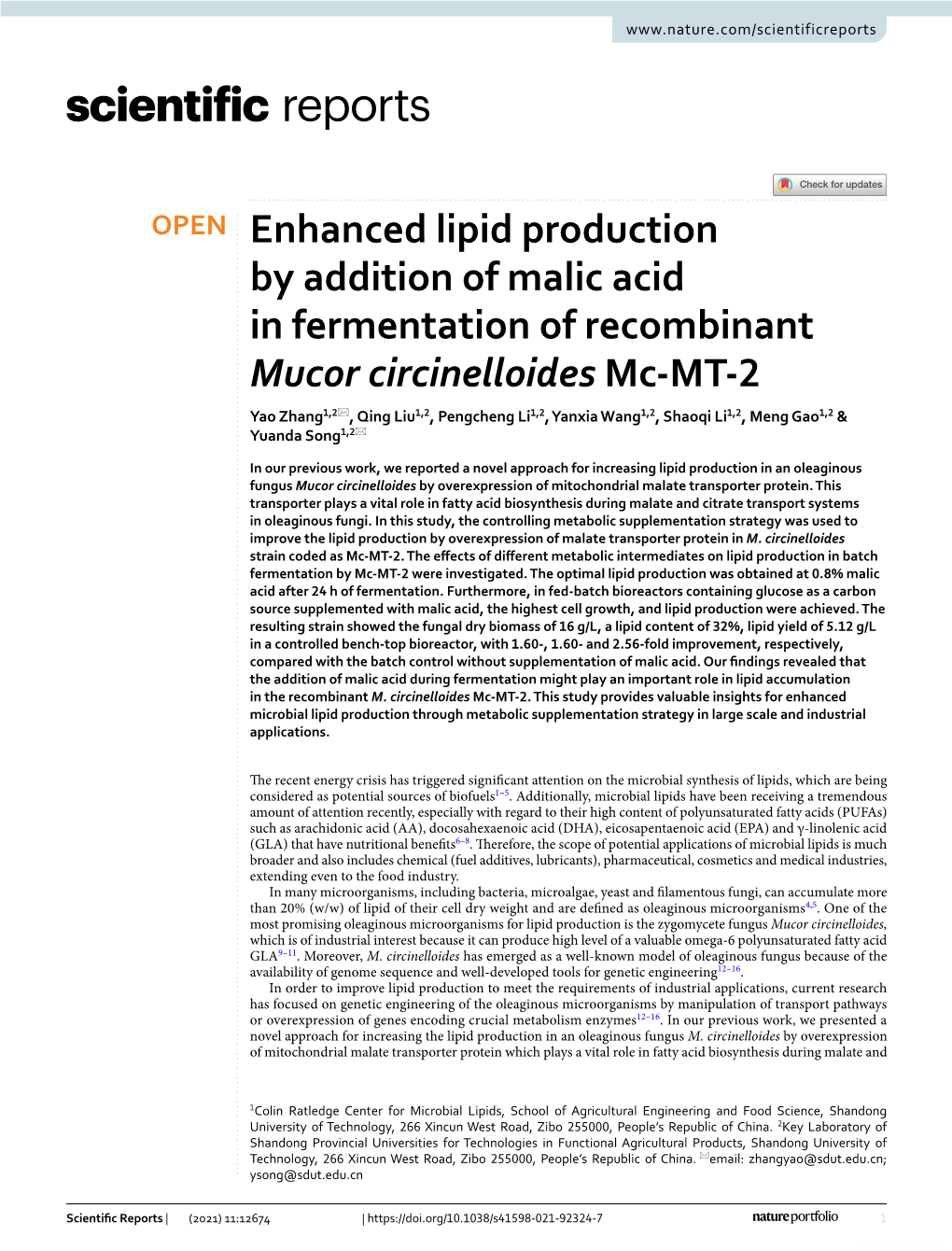 Enhanced Lipid Production by Addition of Malic Acid in Fermentation Of