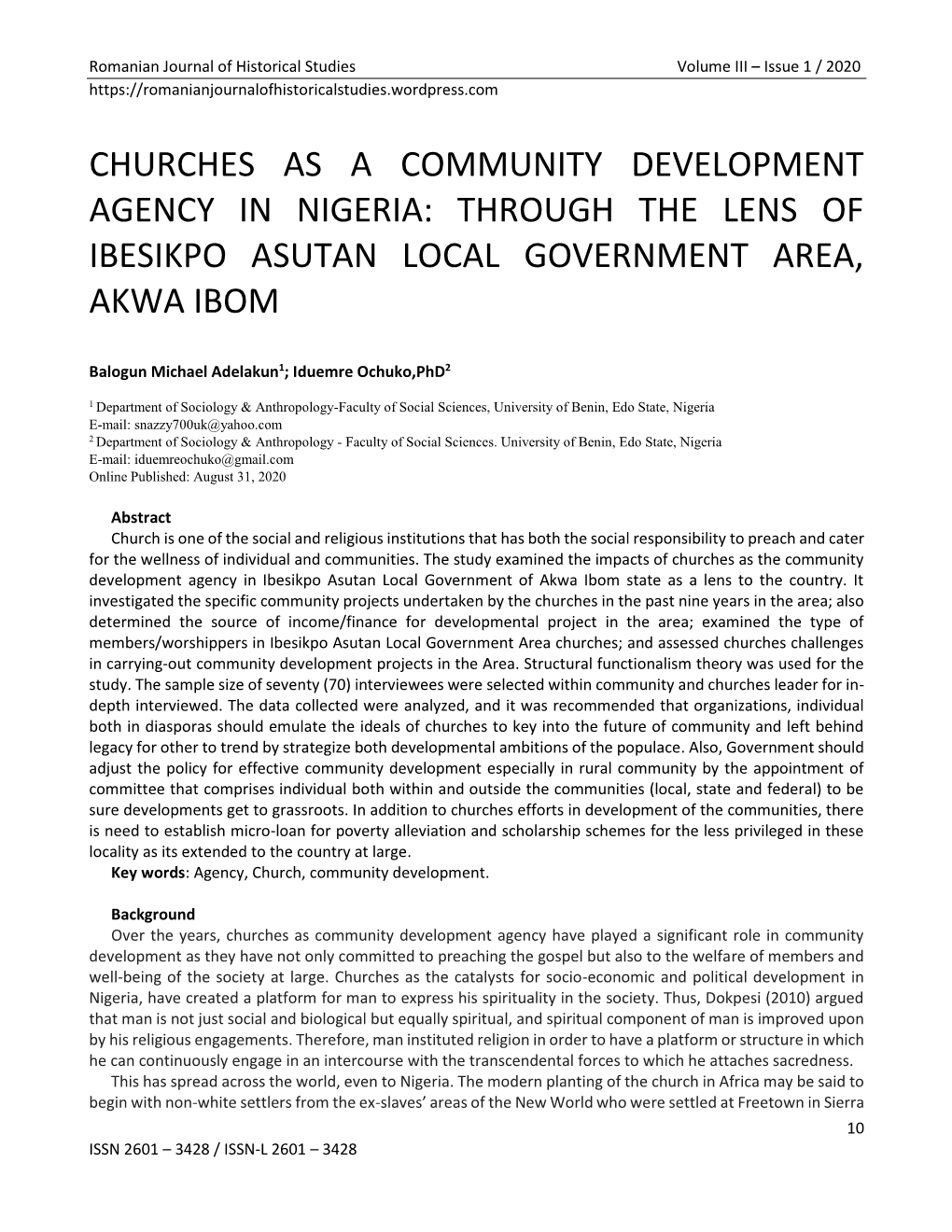 Churches As a Community Development Agency in Nigeria: Through the Lens of Ibesikpo Asutan Local Government Area, Akwa Ibom