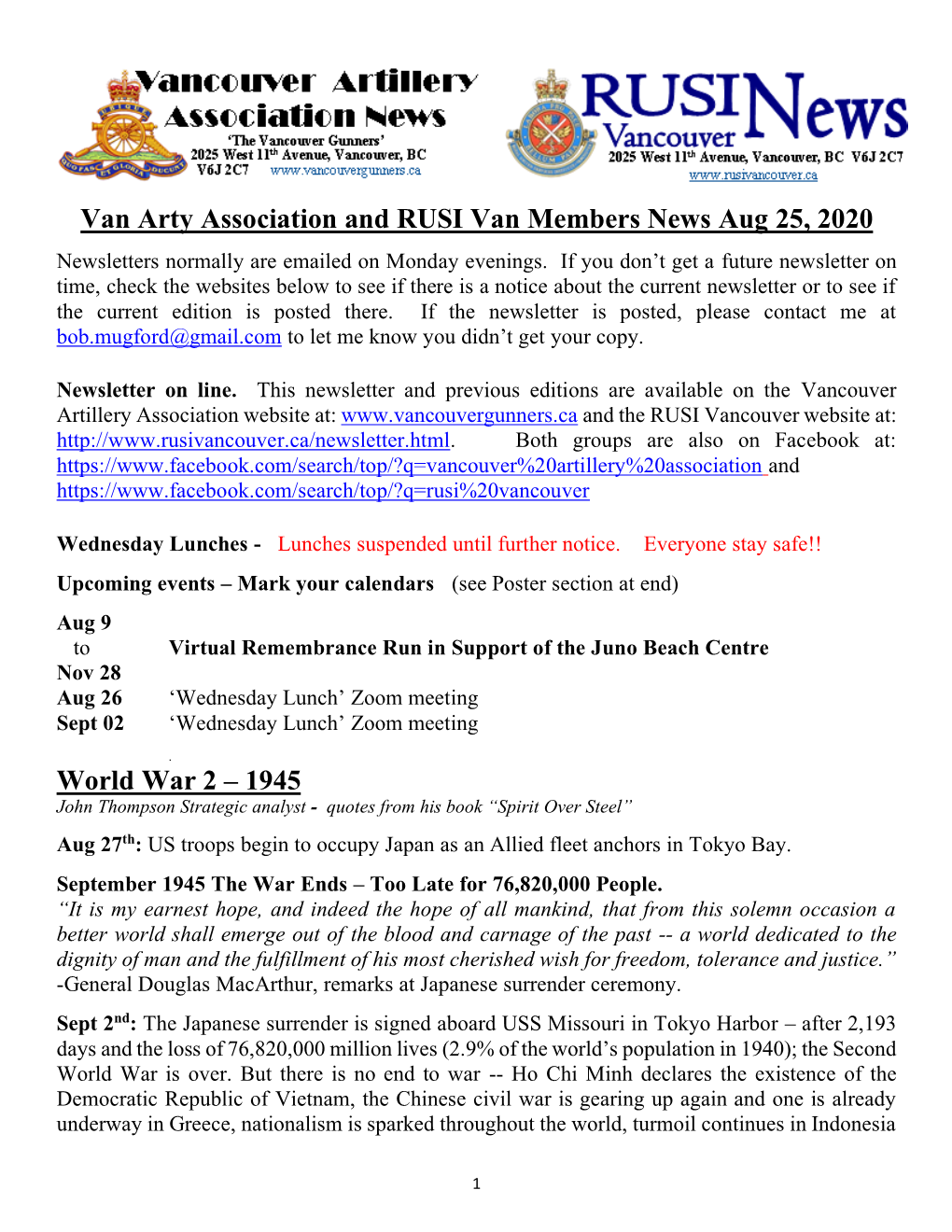 Van Arty Association and RUSI Van Members News Aug 25, 2020