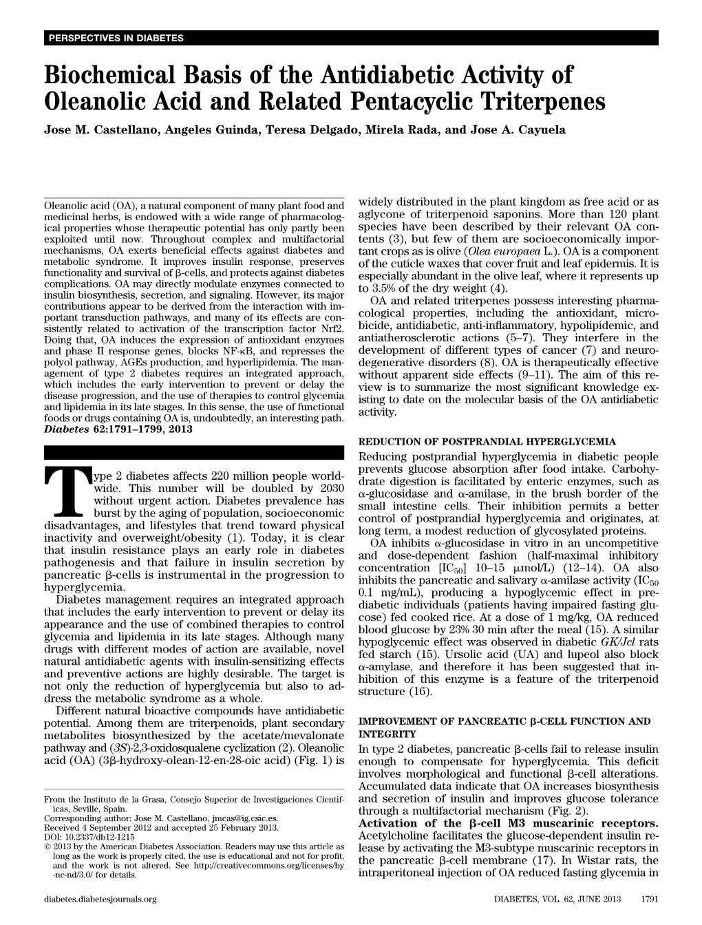 Biochemical Basis of the Antidiabetic Activity of Oleanolic Acid and Related Pentacyclic Triterpenes