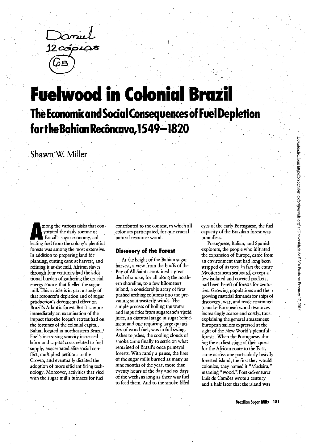 Fuelwood • In· Colonial Brazil