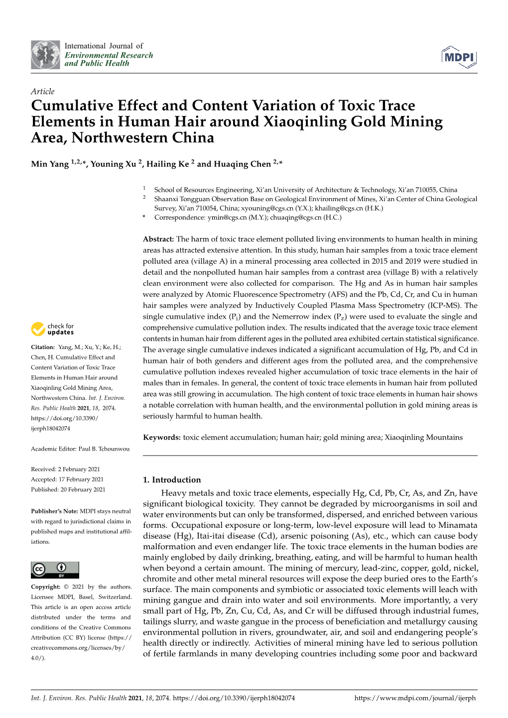 Cumulative Effect and Content Variation of Toxic Trace Elements in Human Hair Around Xiaoqinling Gold Mining Area, Northwestern China