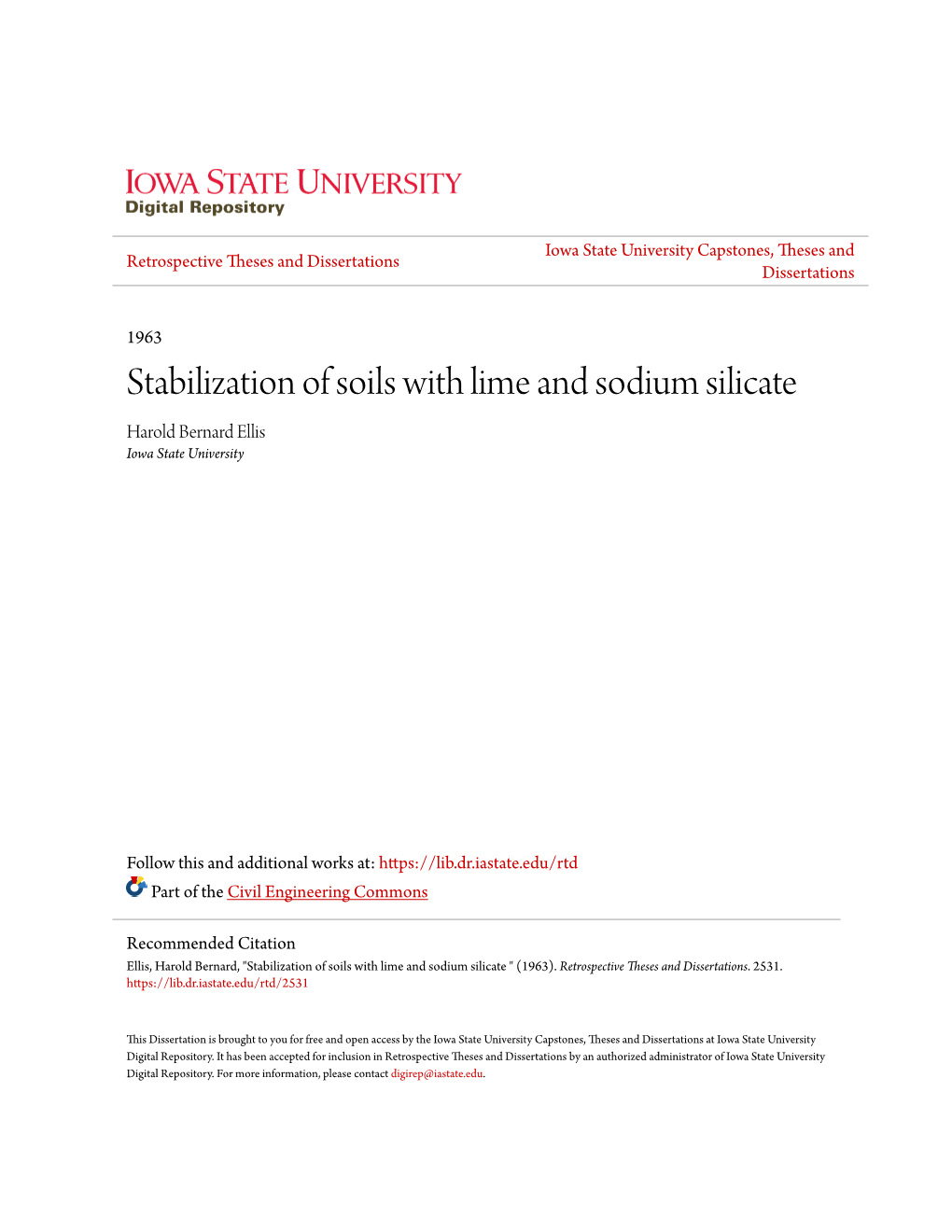 Stabilization of Soils with Lime and Sodium Silicate Harold Bernard Ellis Iowa State University