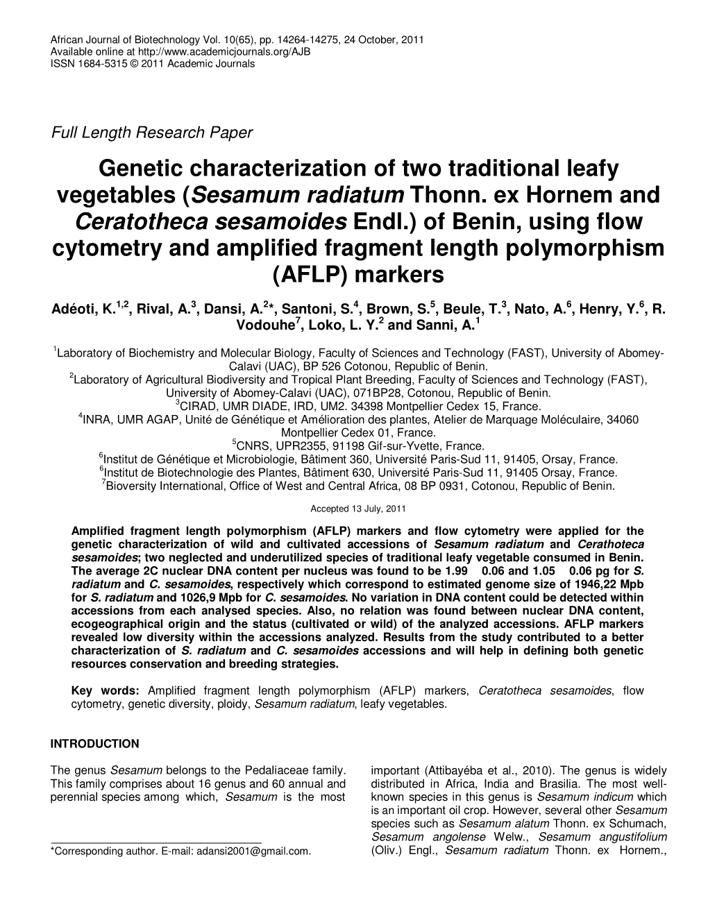 Sesamum Radiatum Thonn. Ex Hornem and Ceratotheca Sesamoides Endl.) of Benin, Using Flow Cytometry and Amplified Fragment Length Polymorphism (AFLP) Markers
