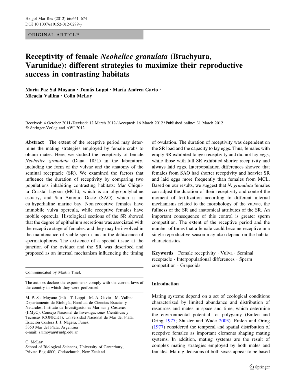 Receptivity of Female Neohelice Granulata (Brachyura, Varunidae): Different Strategies to Maximize Their Reproductive Success in Contrasting Habitats