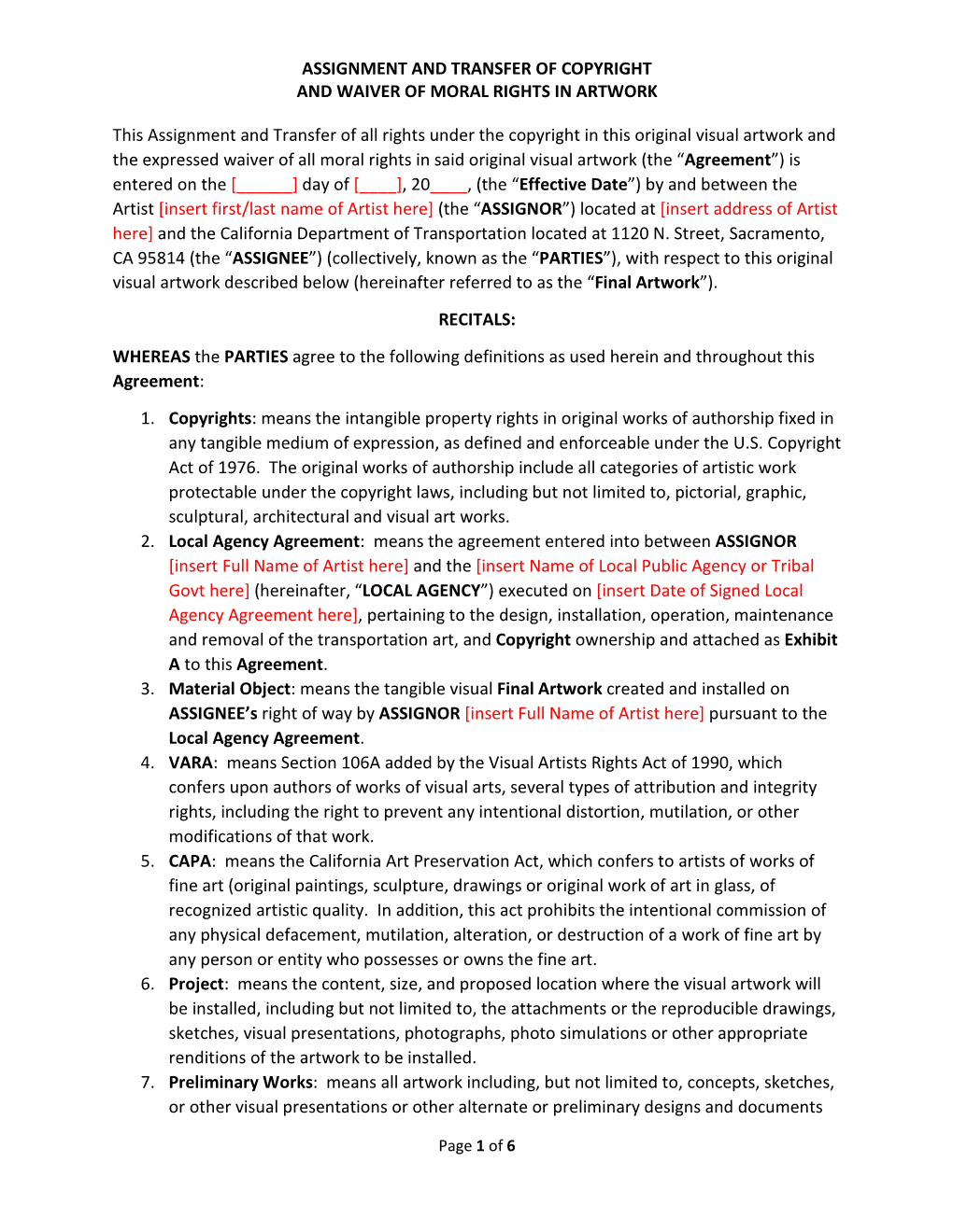 Assignment and Transfer of Copyright and Waiver of Moral Rights in Artwork