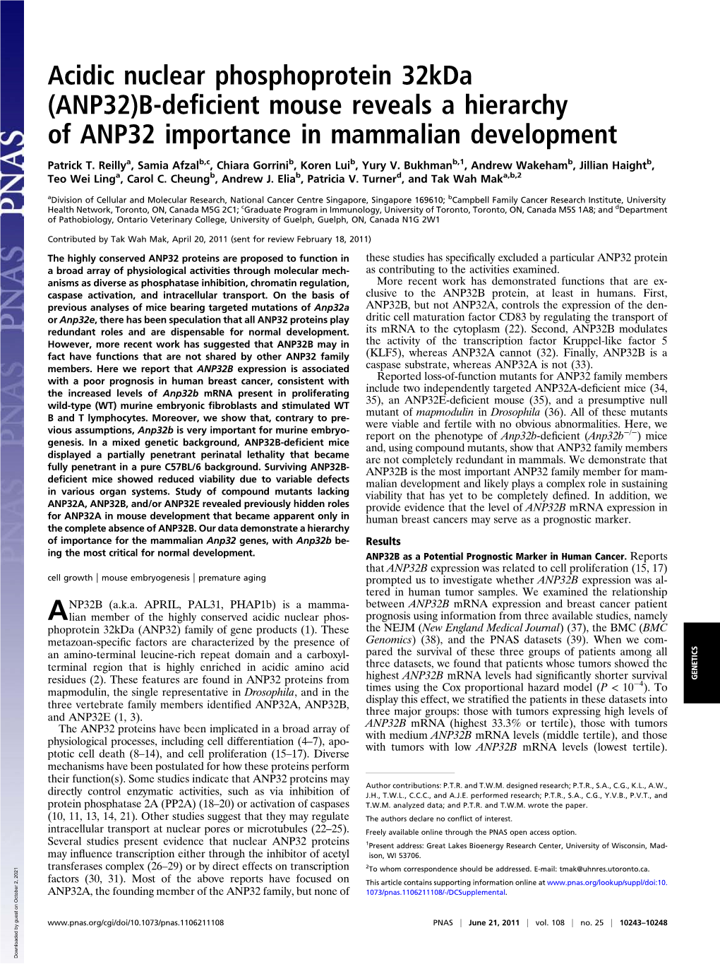 B-Deficient Mouse Reveals a Hierarchy of ANP32 Importance In