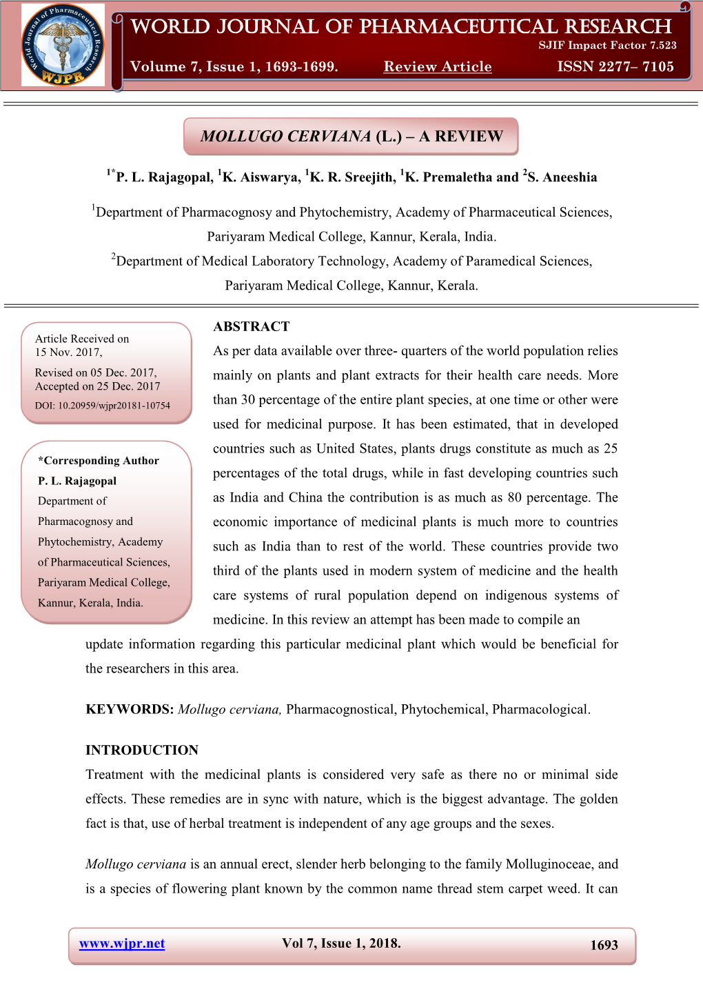 World Journal of Pharmaceutical Research Rajagopal Et Al