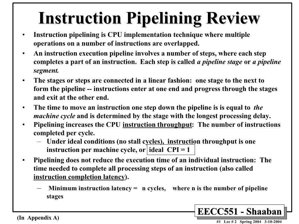 Instruction Pipelining Review