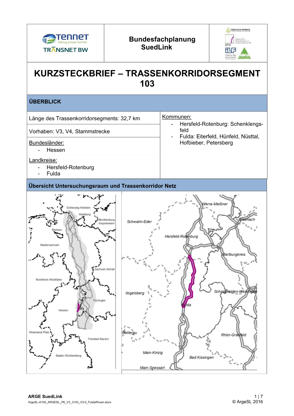 Kurzsteckbrief – Trassenkorridorsegment 103
