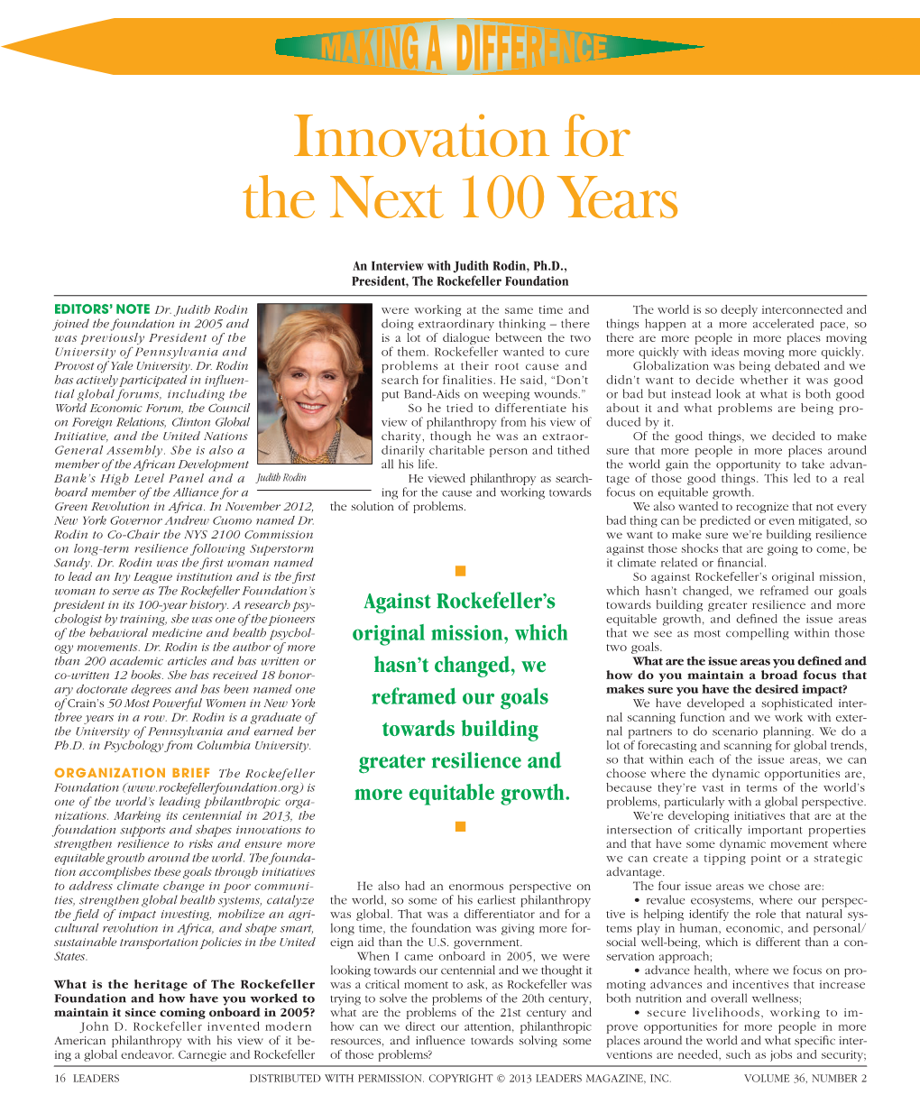 To Download a PDF of an Interview with Judith Rodin, Ph.D., President