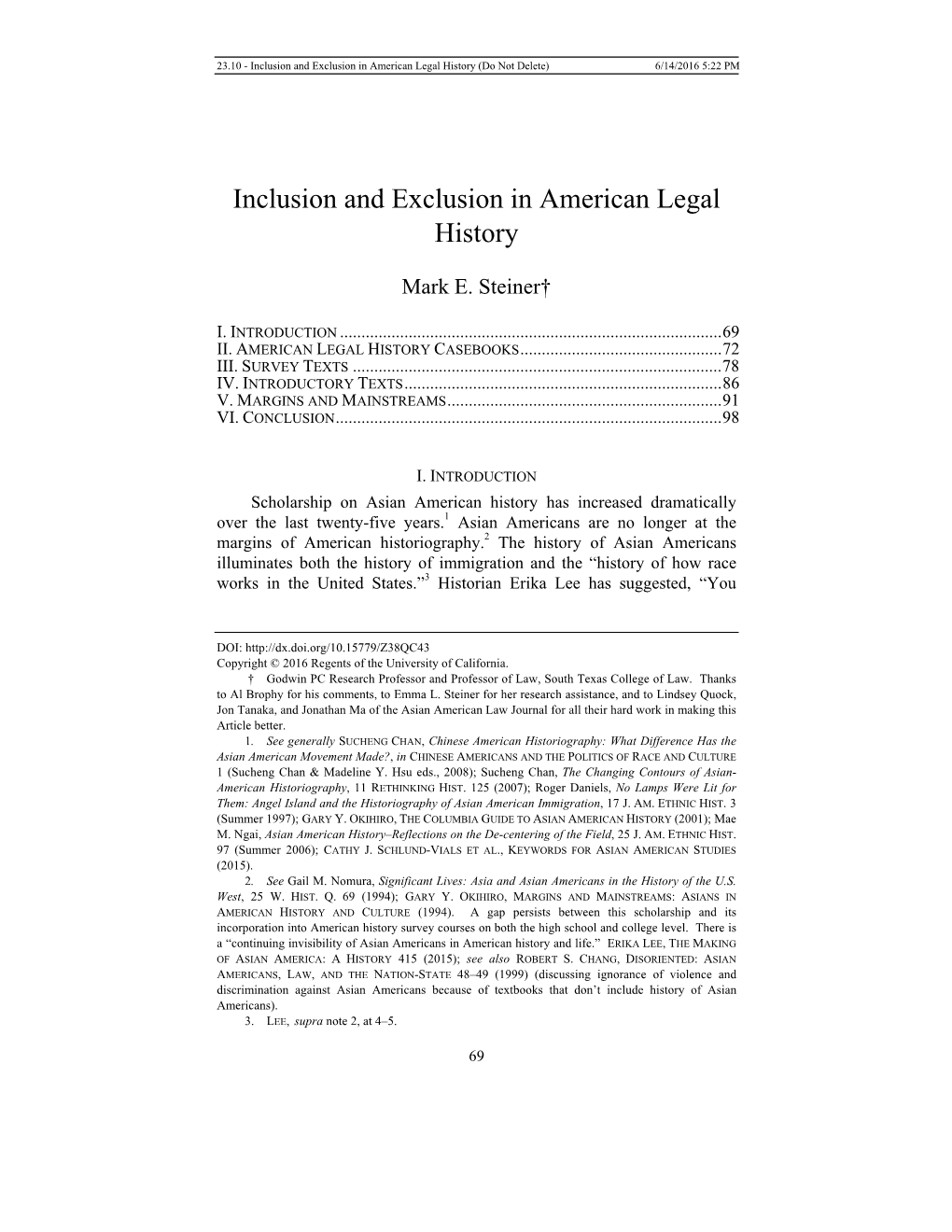 Inclusion and Exclusion in American Legal History (Do Not Delete) 6/14/2016 5:22 PM