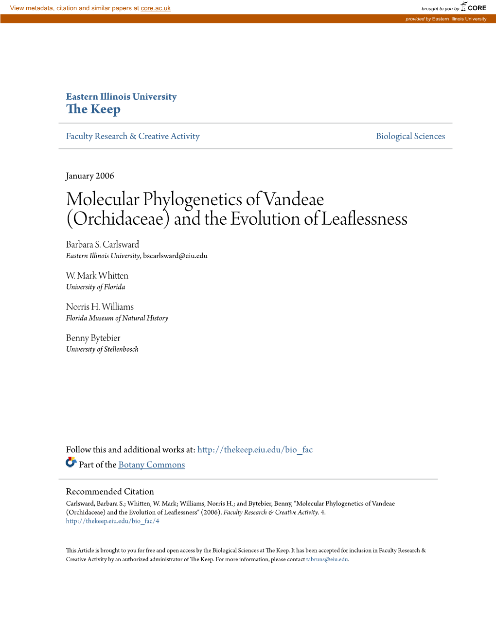 Molecular Phylogenetics of Vandeae (Orchidaceae) and the Evolution of Leaflessness Barbara S