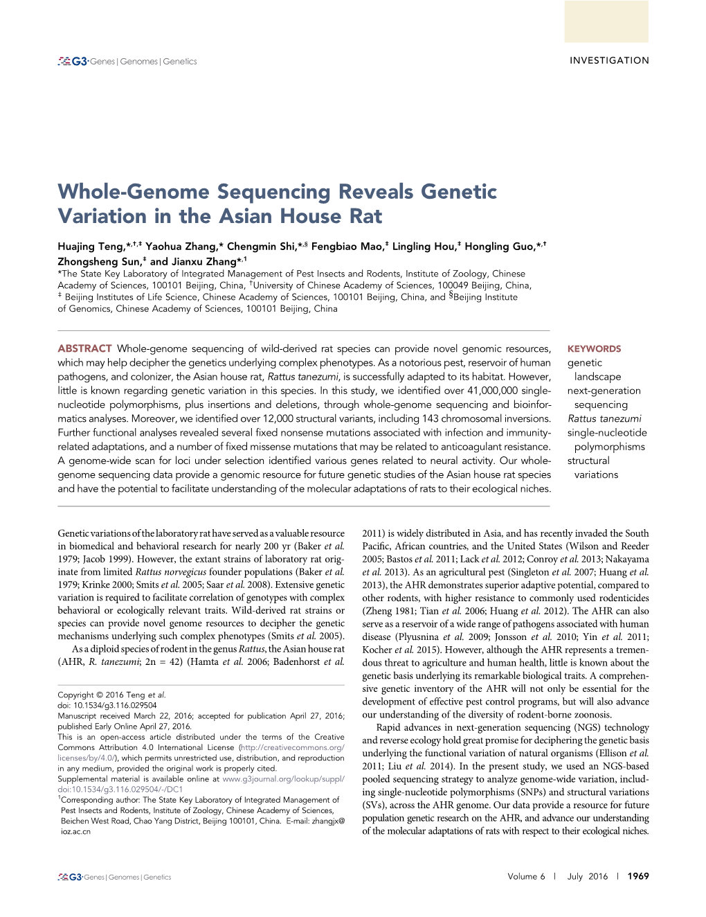 Whole-Genome Sequencing Reveals Genetic Variation in the Asian House Rat