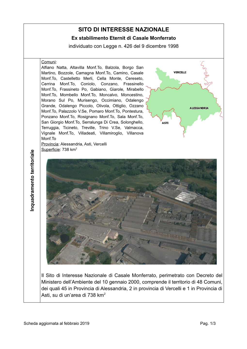 SITO DI INTERESSE NAZIONALE Ex Stabilimento Eternit Di Casale Monferrato Individuato Con Legge N