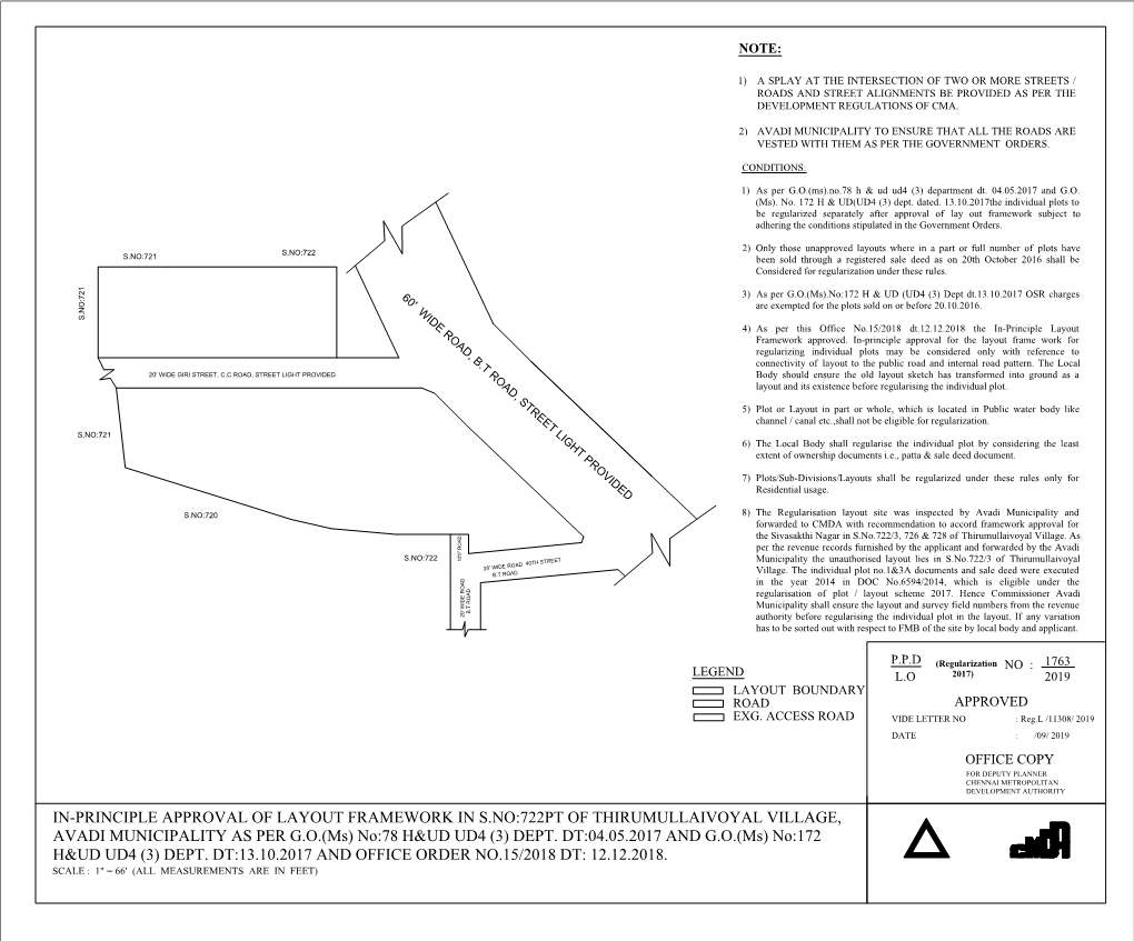 IN-PRINCIPLE APPROVAL of LAYOUT FRAMEWORK in S.NO:722PT of THIRUMULLAIVOYAL VILLAGE, AVADI MUNICIPALITY AS PER G.O.(Ms) No:78 H&UD UD4 (3) DEPT