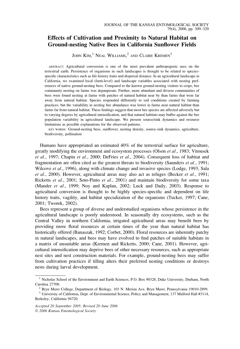 Effects of Cultivation and Proximity to Natural Habitat on Ground-Nesting Native Bees in California Sunﬂower Fields