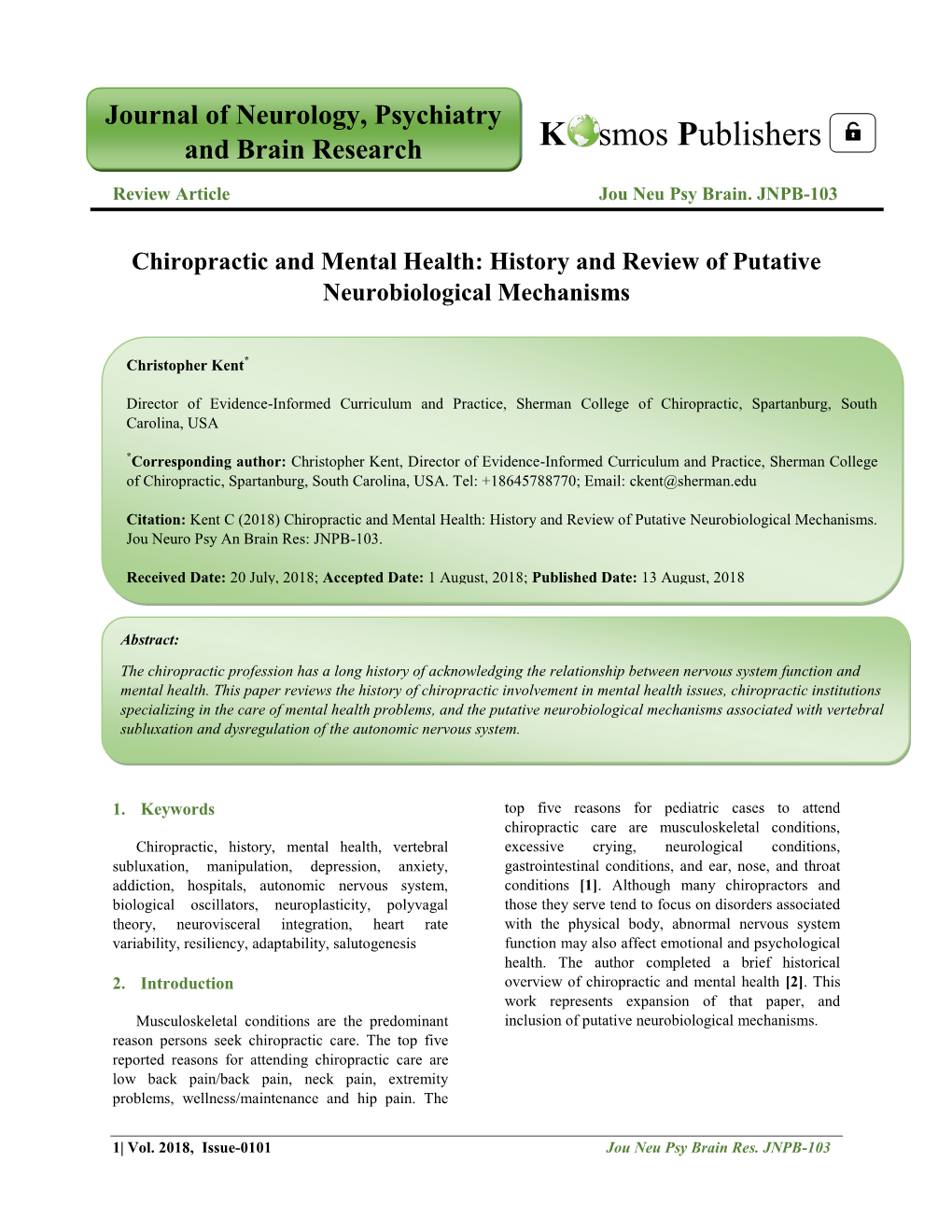 Chiropractic and Mental Health: History and Review of Putative Neurobiological Mechanisms