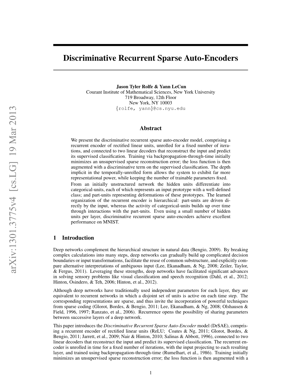 Discriminative Recurrent Sparse Auto-Encoders