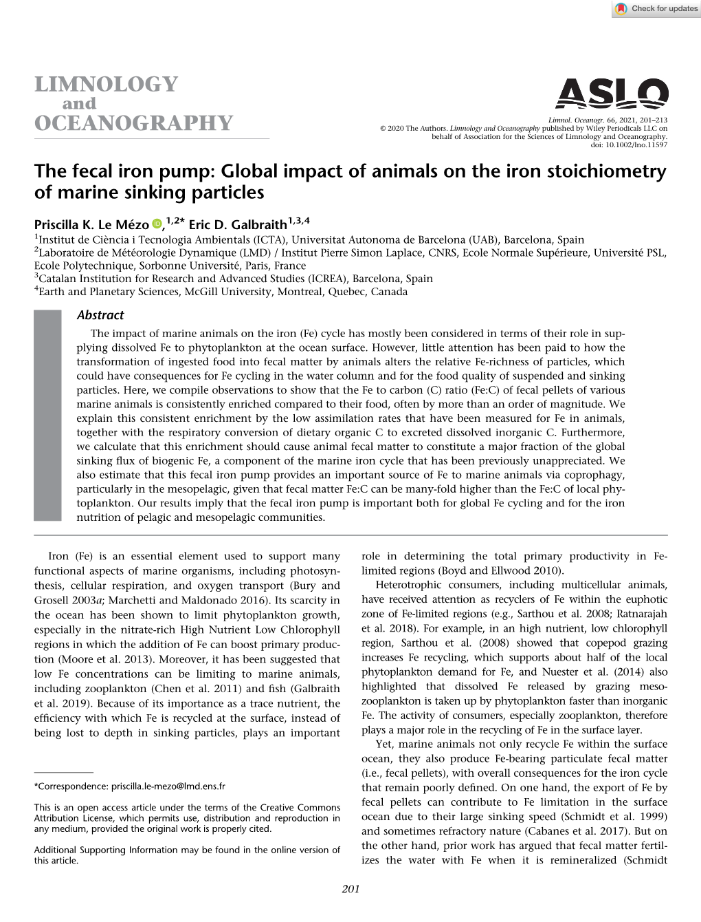 The Fecal Iron Pump: Global Impact of Animals on the Iron Stoichiometry of Marine Sinking Particles