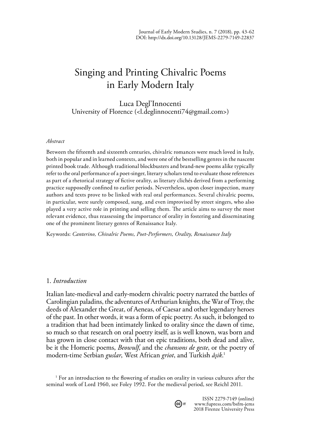 Singing and Printing Chivalric Poems in Early Modern Italy