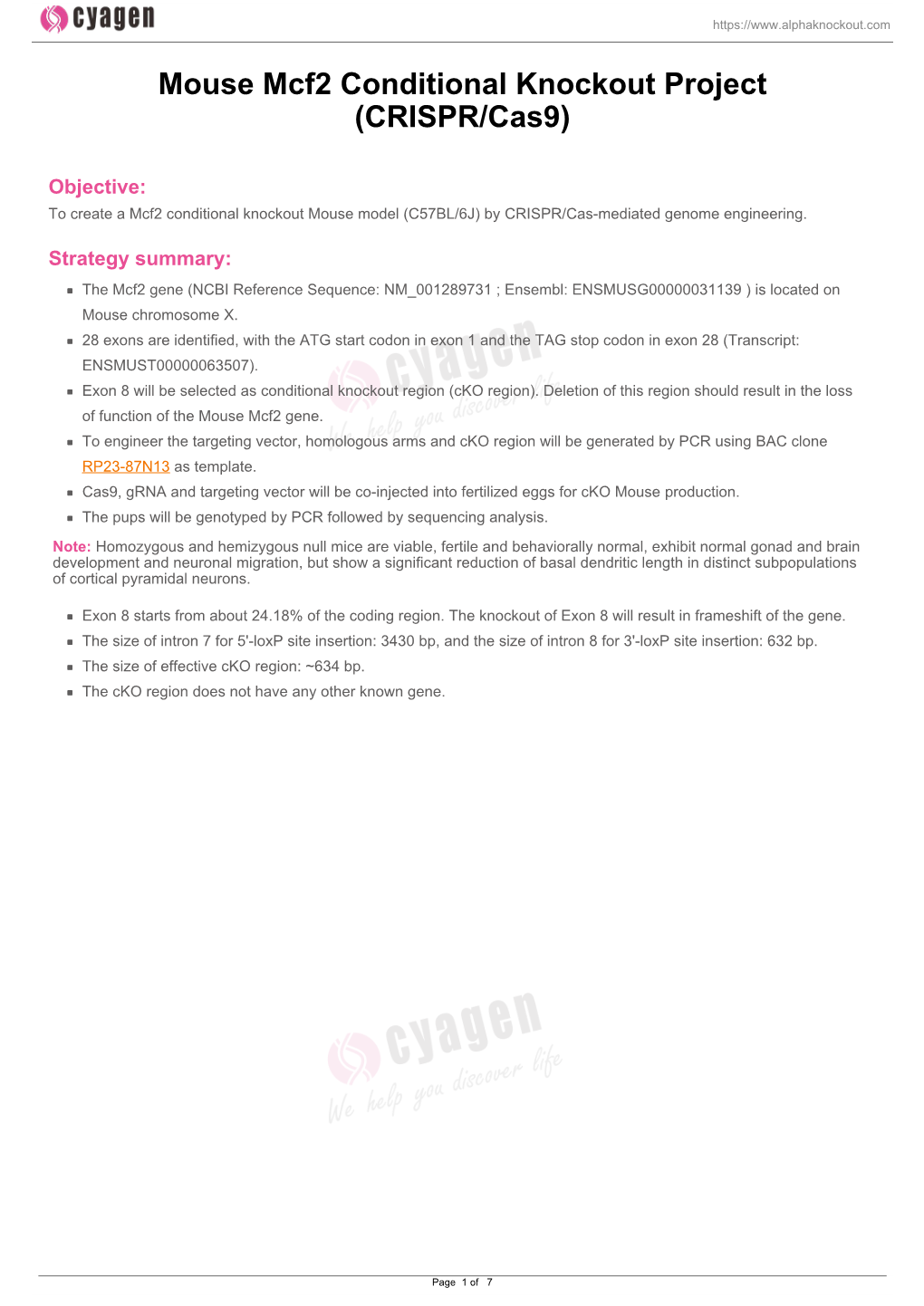 Mouse Mcf2 Conditional Knockout Project (CRISPR/Cas9)