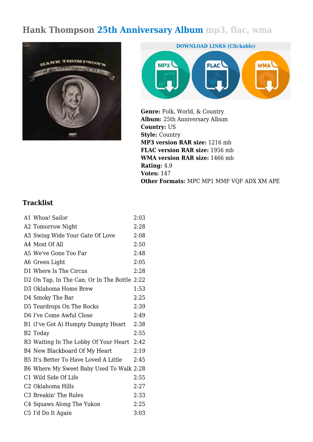 Hank Thompson 25Th Anniversary Album Mp3, Flac, Wma