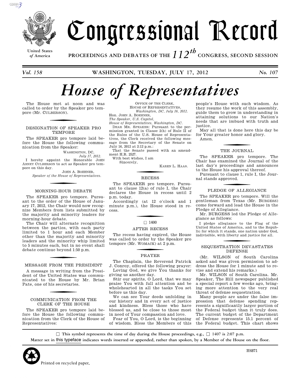 Congressional Record United States Th of America PROCEEDINGS and DEBATES of the 112 CONGRESS, SECOND SESSION