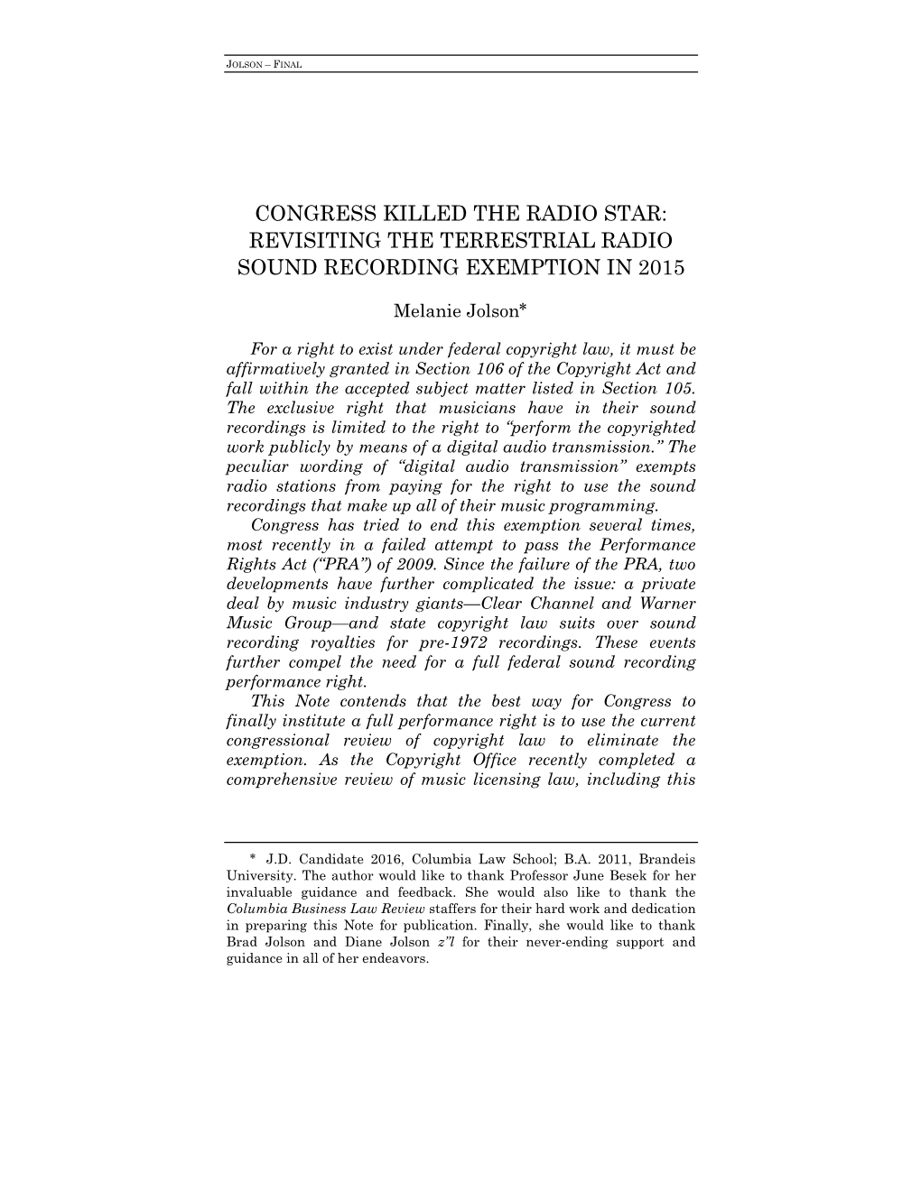 Revisiting the Terrestrial Radio Sound Recording Exemption in 2015