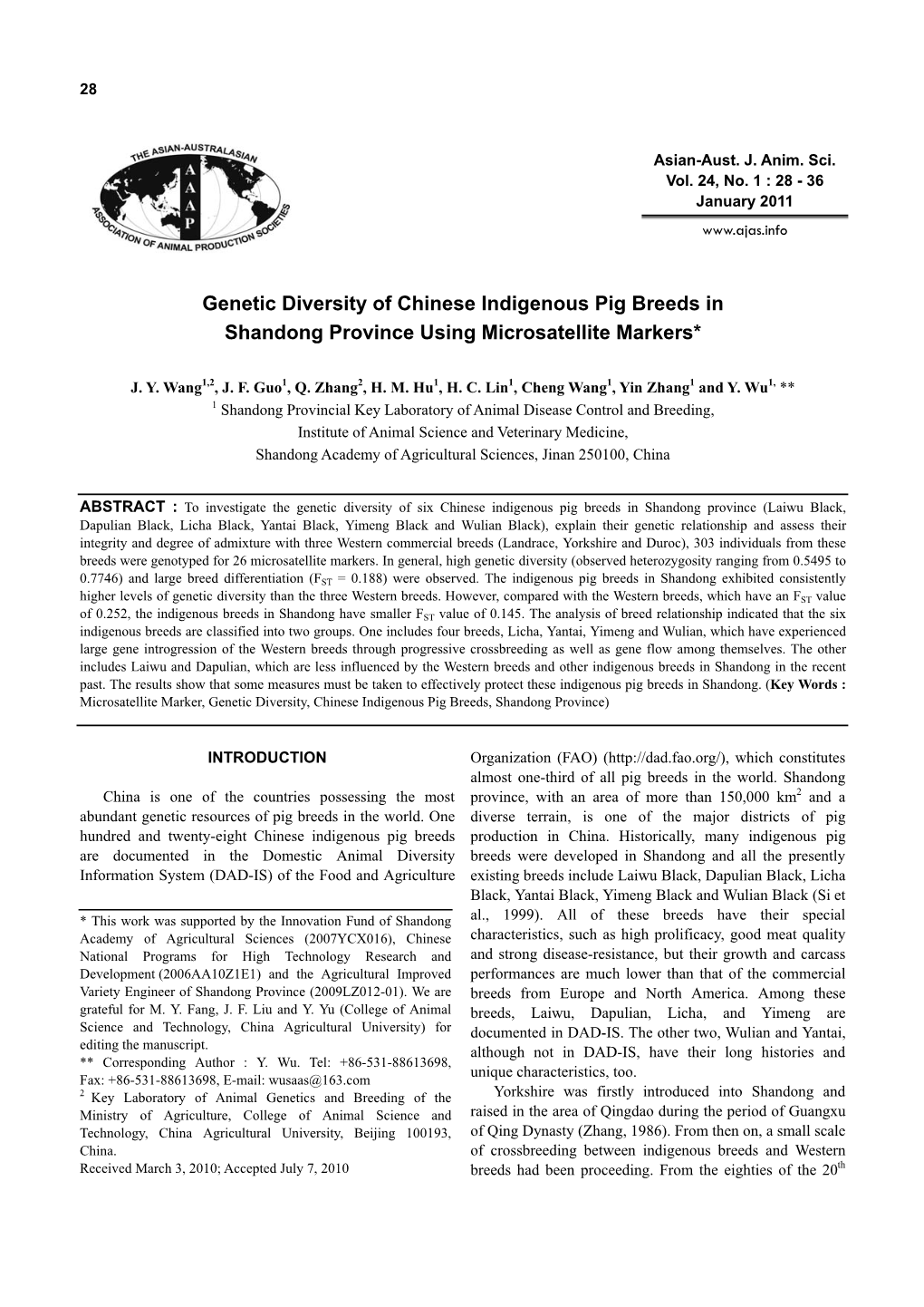 Genetic Diversity of Chinese Indigenous Pig Breeds in Shandong Province Using Microsatellite Markers*