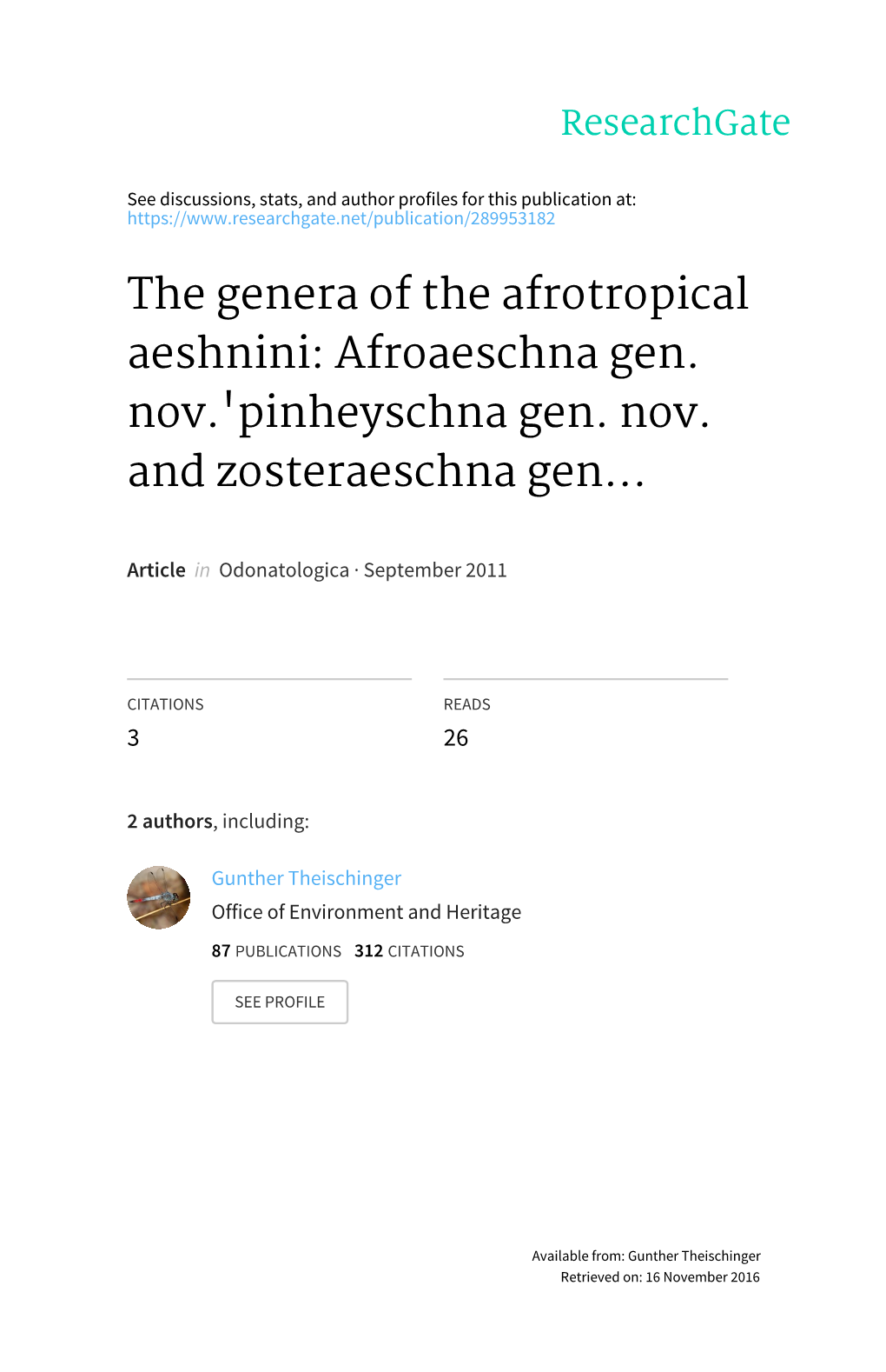 The Genera of the Afrotropical Aeshnini: Afroaeschna Gen