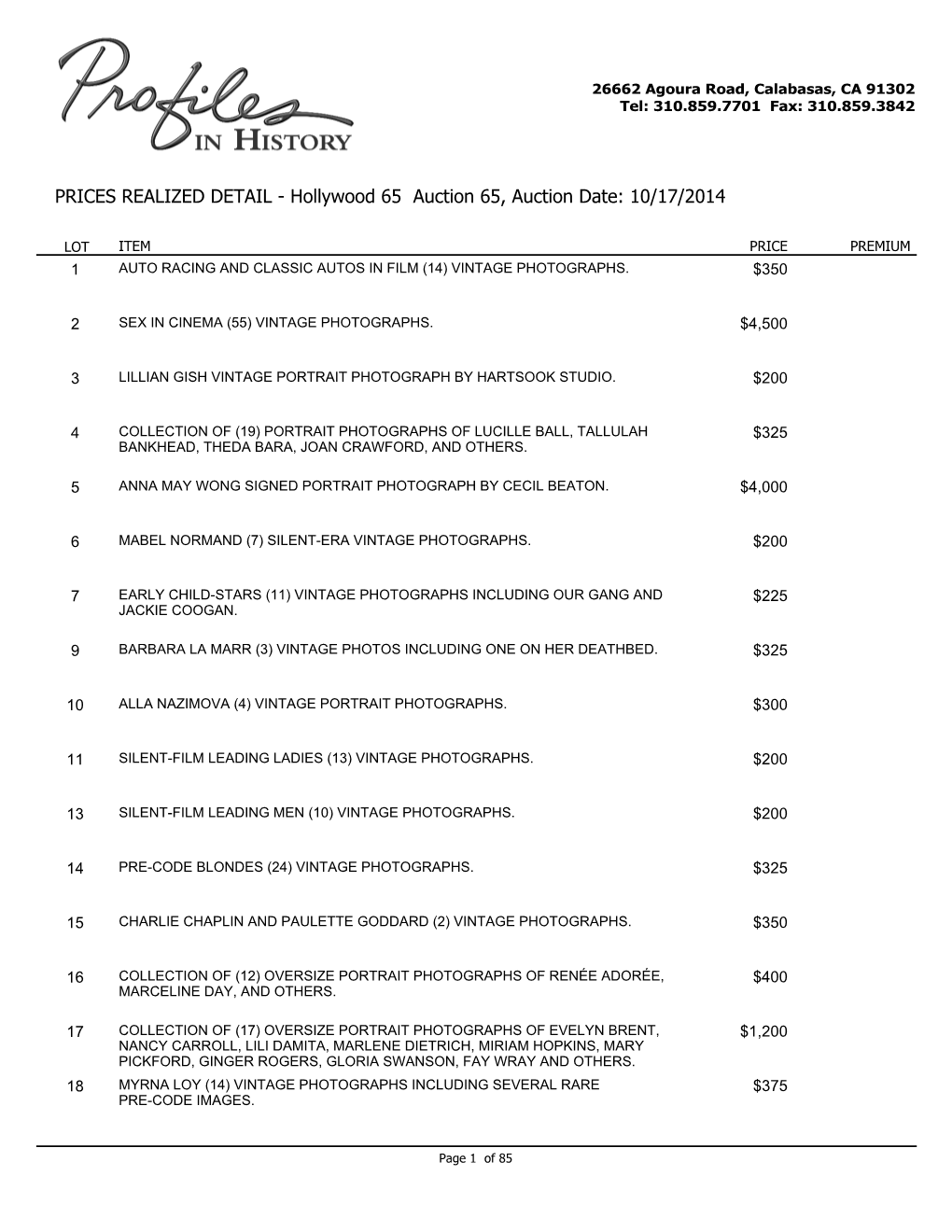 PRICES REALIZED DETAIL - Hollywood 65 Auction 65, Auction Date: 10/17/2014