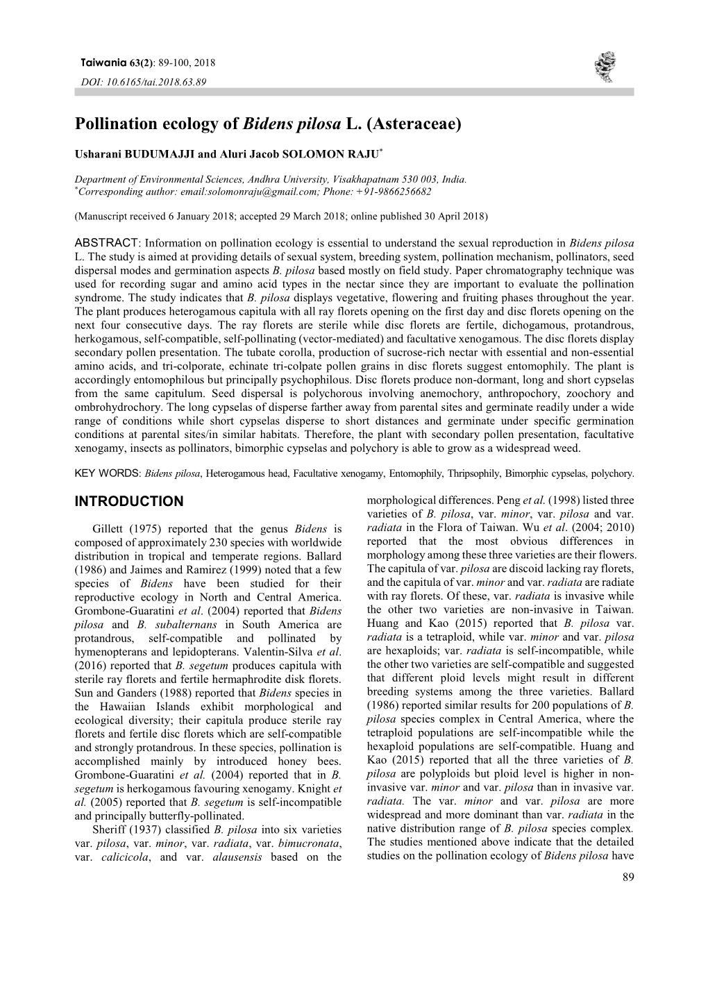 Pollination Ecology of Bidens Pilosa L. (Asteraceae)