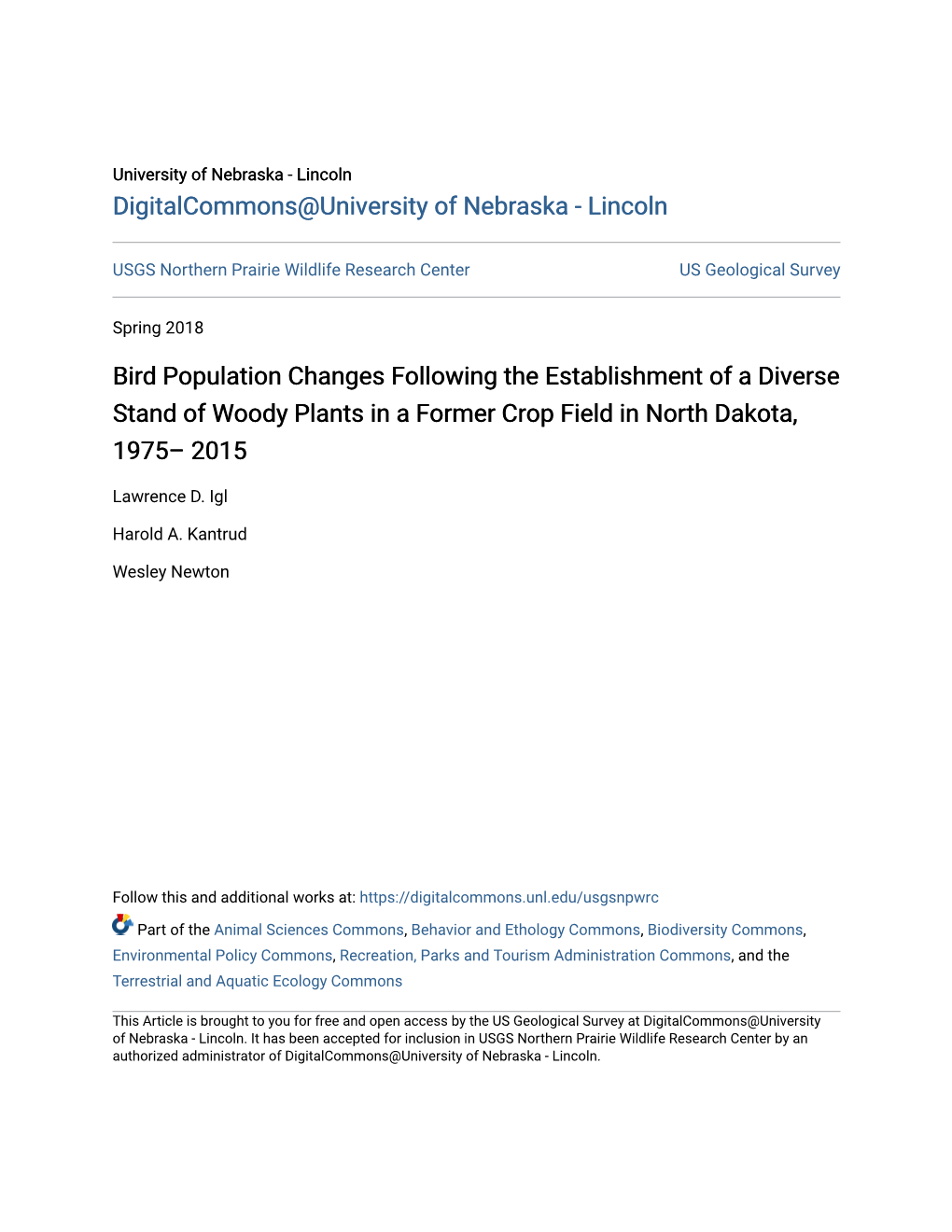 Bird Population Changes Following the Establishment of a Diverse Stand of Woody Plants in a Former Crop Field in North Dakota, 1975– 2015