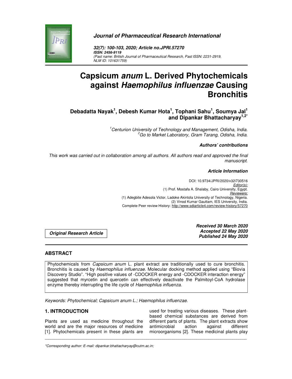 Capsicum Anum L. Derived Phytochemicals Against Haemophilus Influenzae Causing Bronchitis