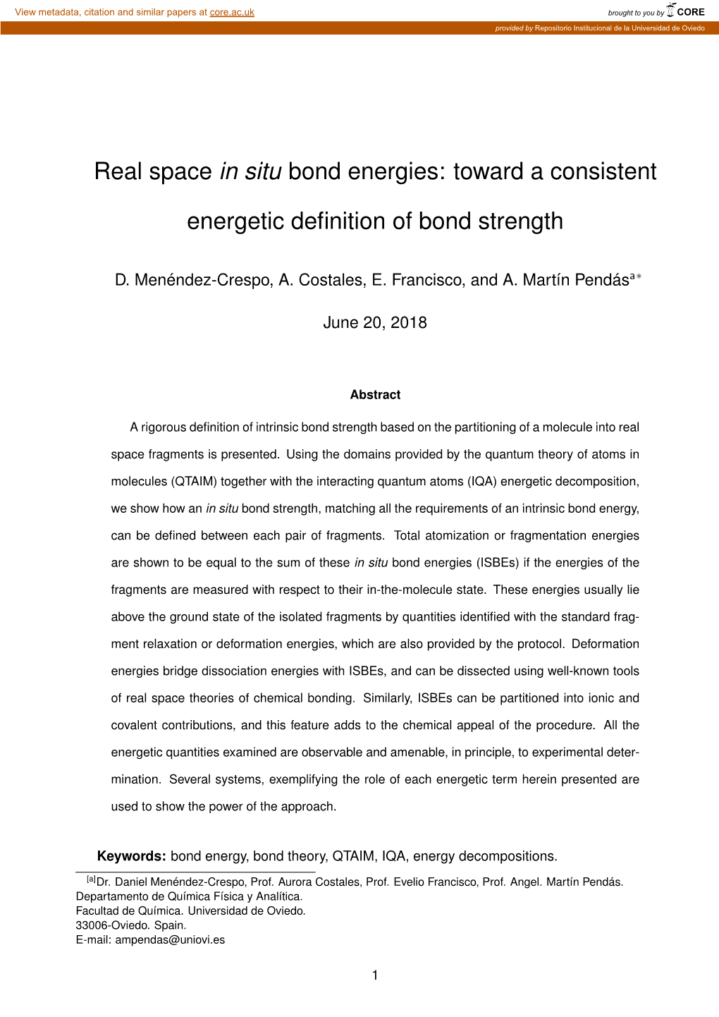 Real Space in Situ Bond Energies: Toward a Consistent