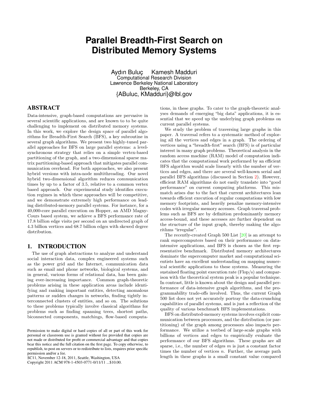 Parallel Breadth-First Search on Distributed Memory Systems