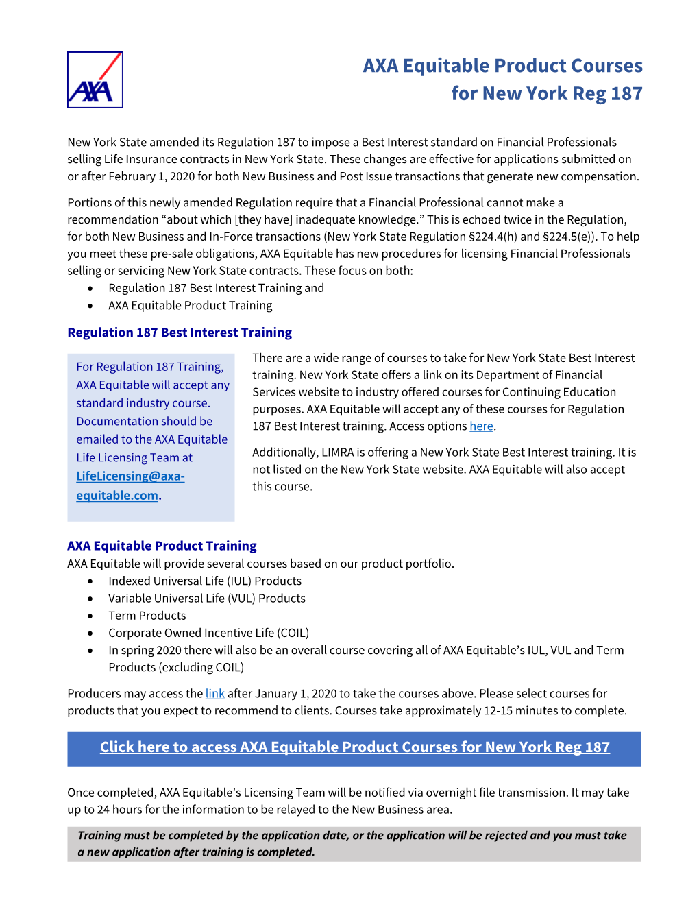 AXA Equitable Product Courses for New York Reg 187