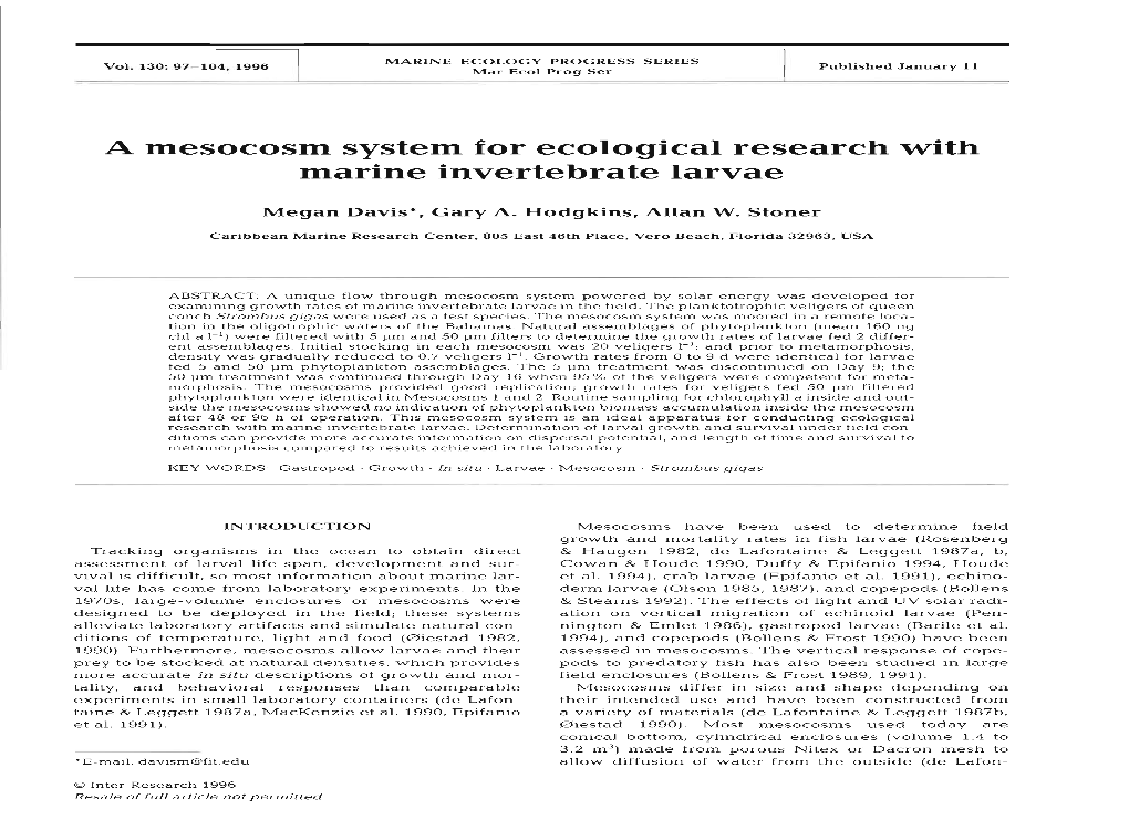 A Mesocosm System for Ecological Research with Marine Invertebrate Larvae