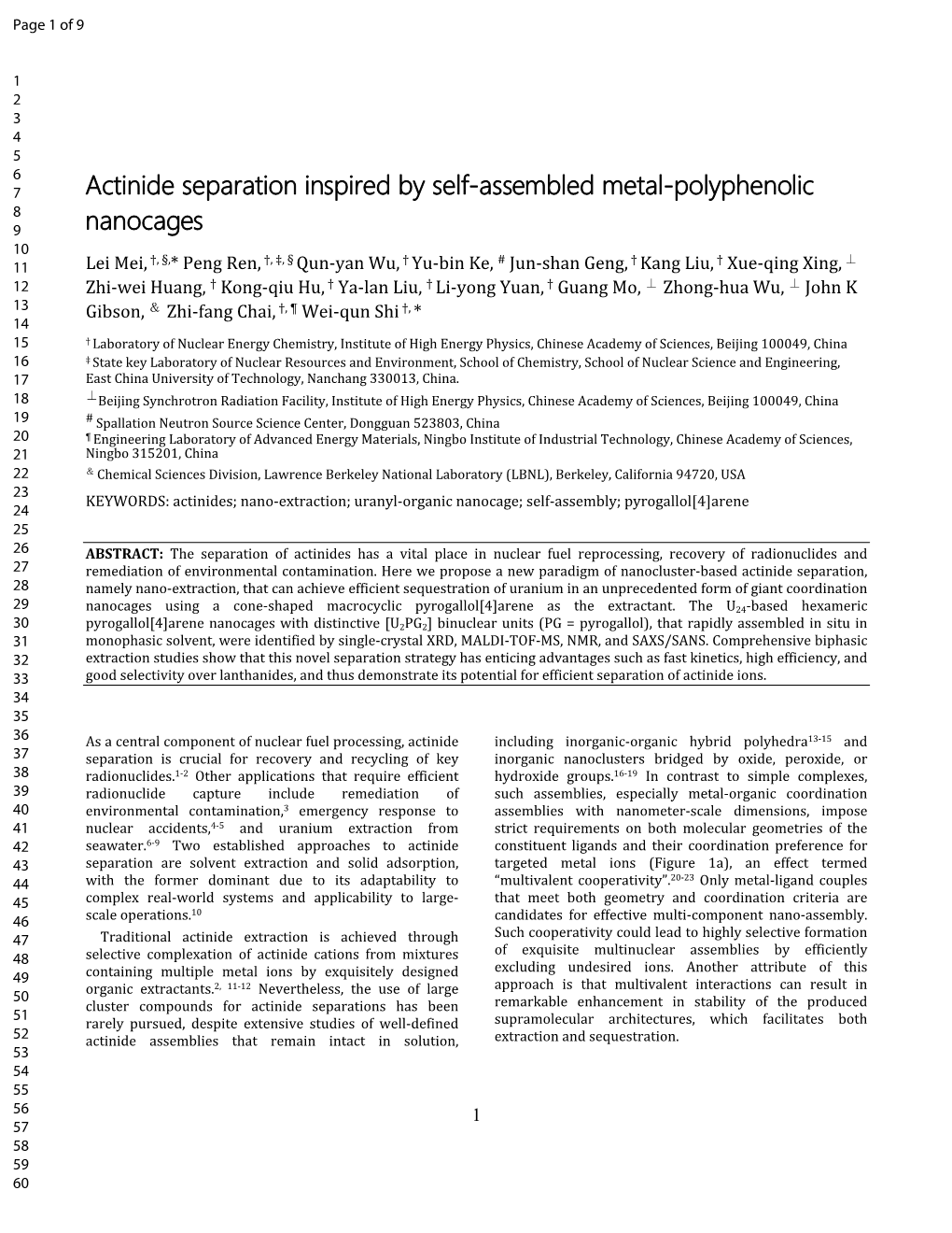 Actinide Separation Inspired by Self-Assembled Metal-Polyphenolic Nanocages