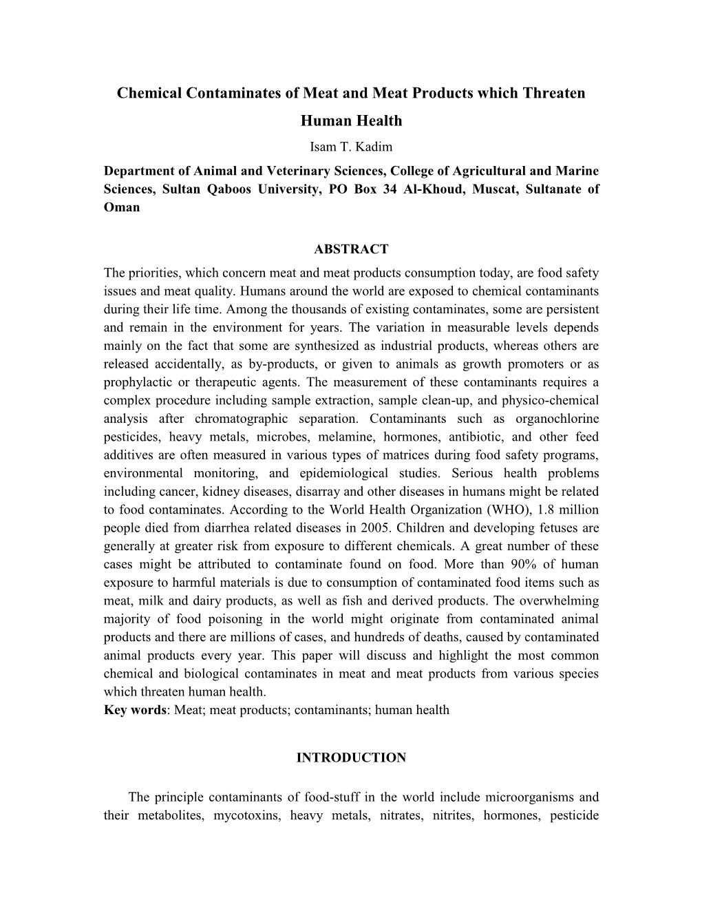 Chemical Contaminates of Meat and Meat Products Which Threaten Human Health Isam T