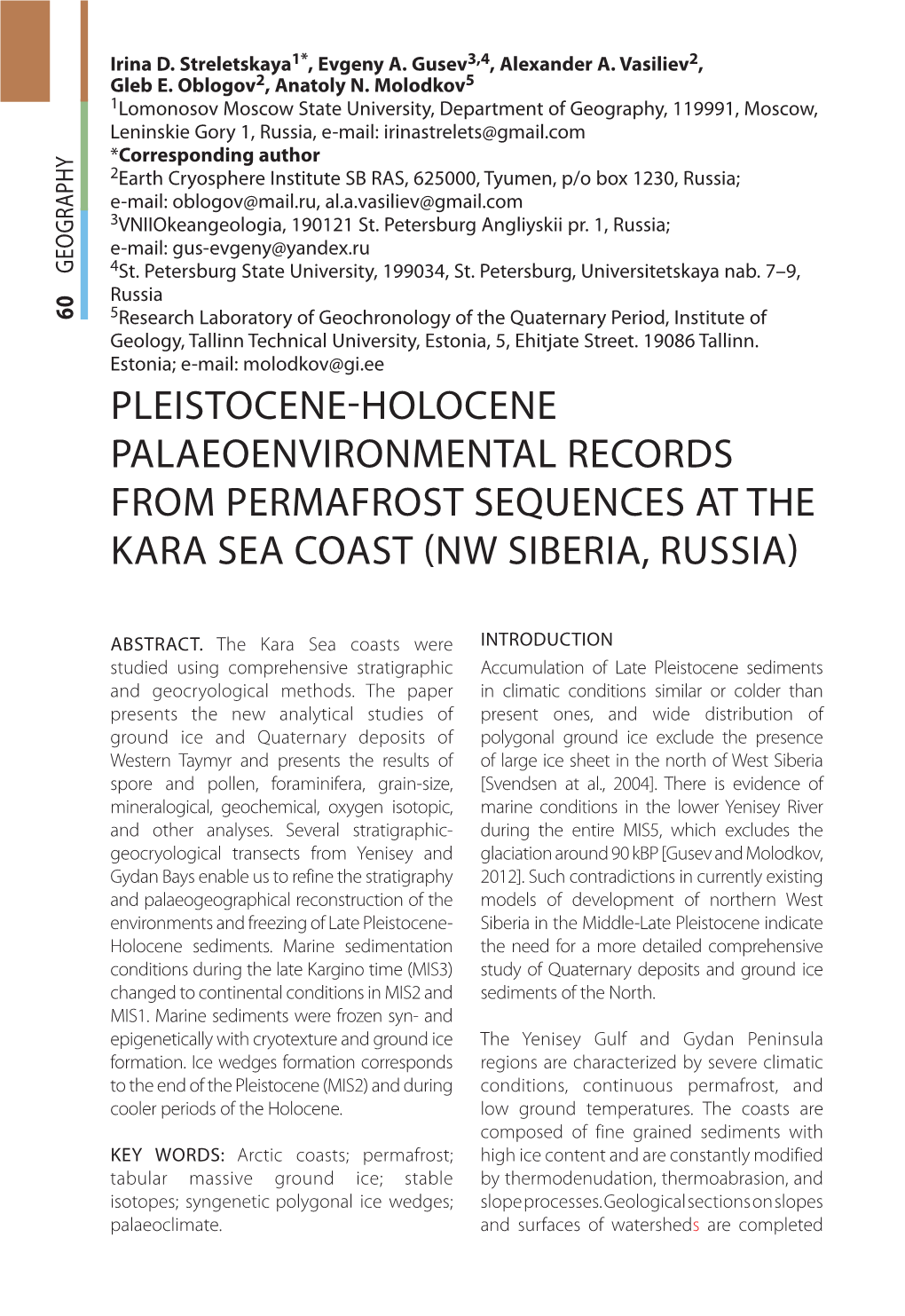 Pleistocene-Holocene Palaeoenvironmental