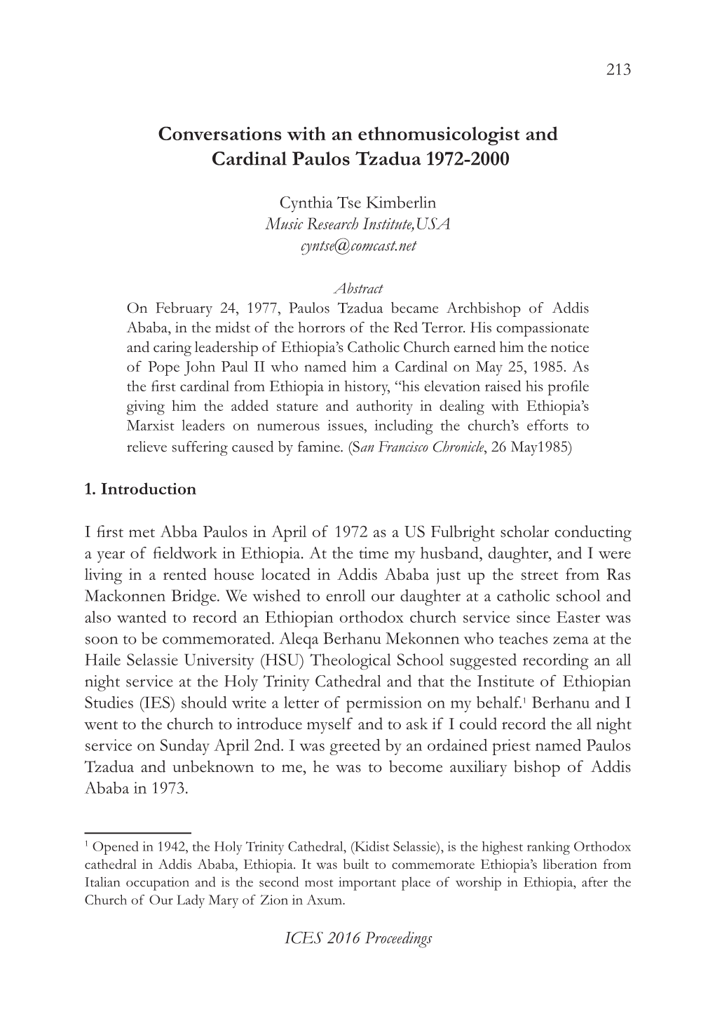 Conversations with an Ethnomusicologist and Cardinal Paulos Tzadua 1972-2000