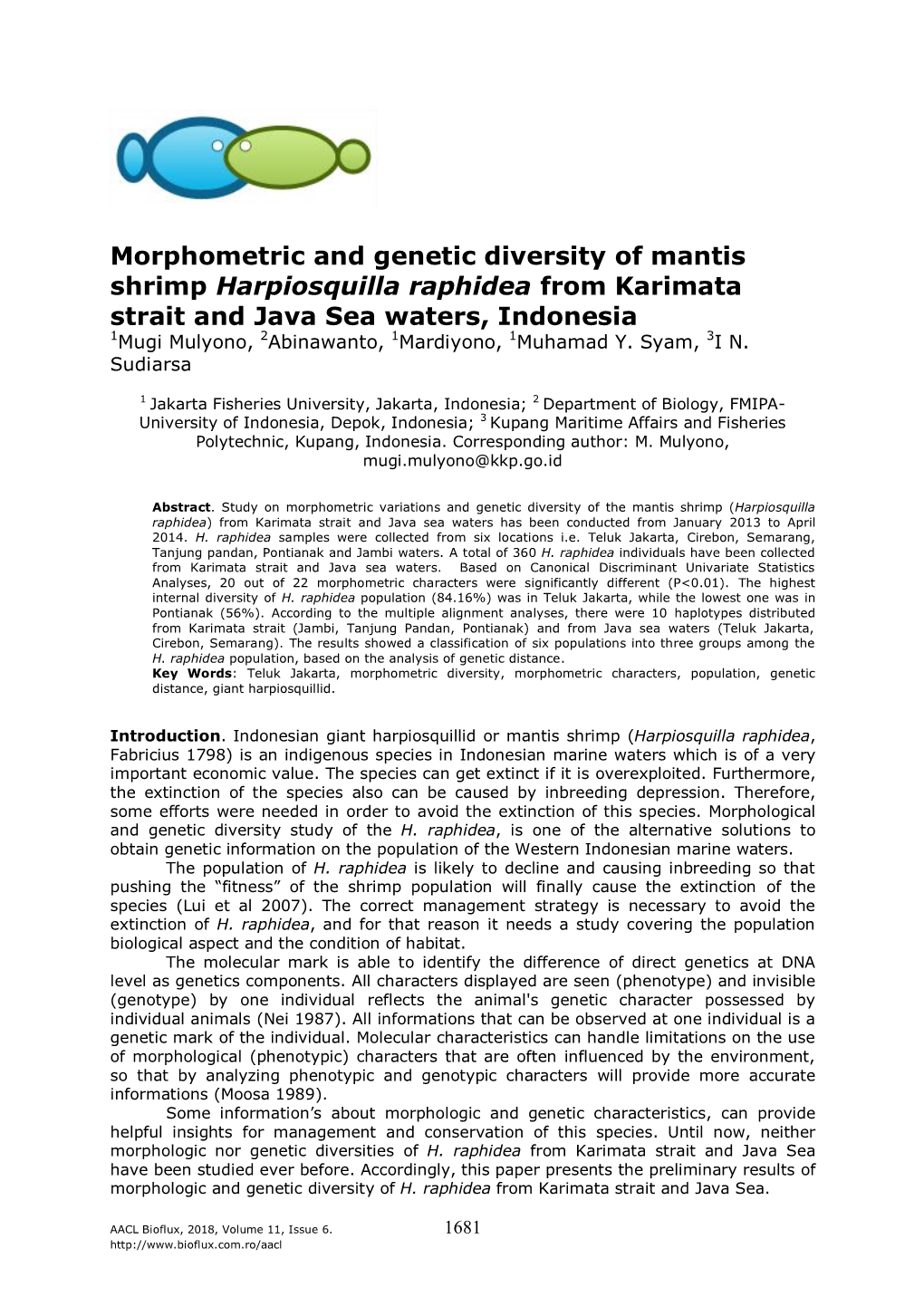 Morphometric and Genetic Diversity of Mantis Shrimp Harpiosquilla