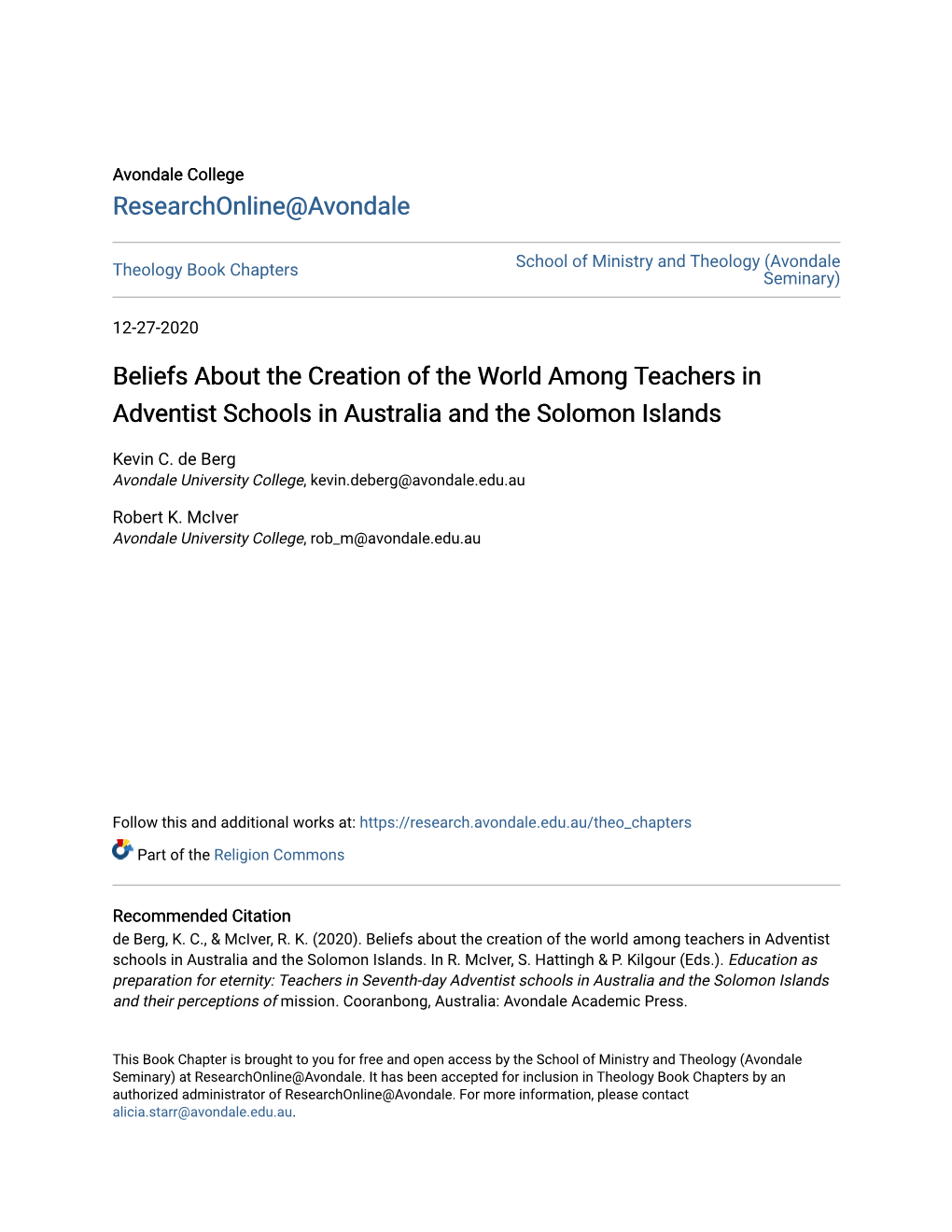 Beliefs About the Creation of the World Among Teachers in Adventist Schools in Australia and the Solomon Islands