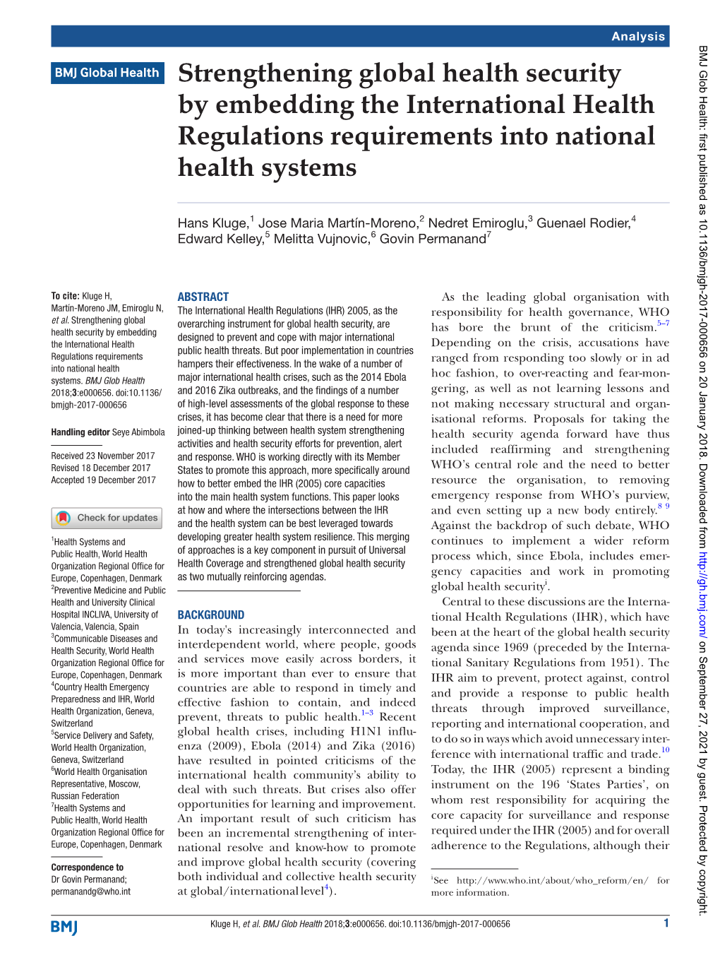 Strengthening Global Health Security by Embedding the International Health Regulations Requirements Into National Health Systems