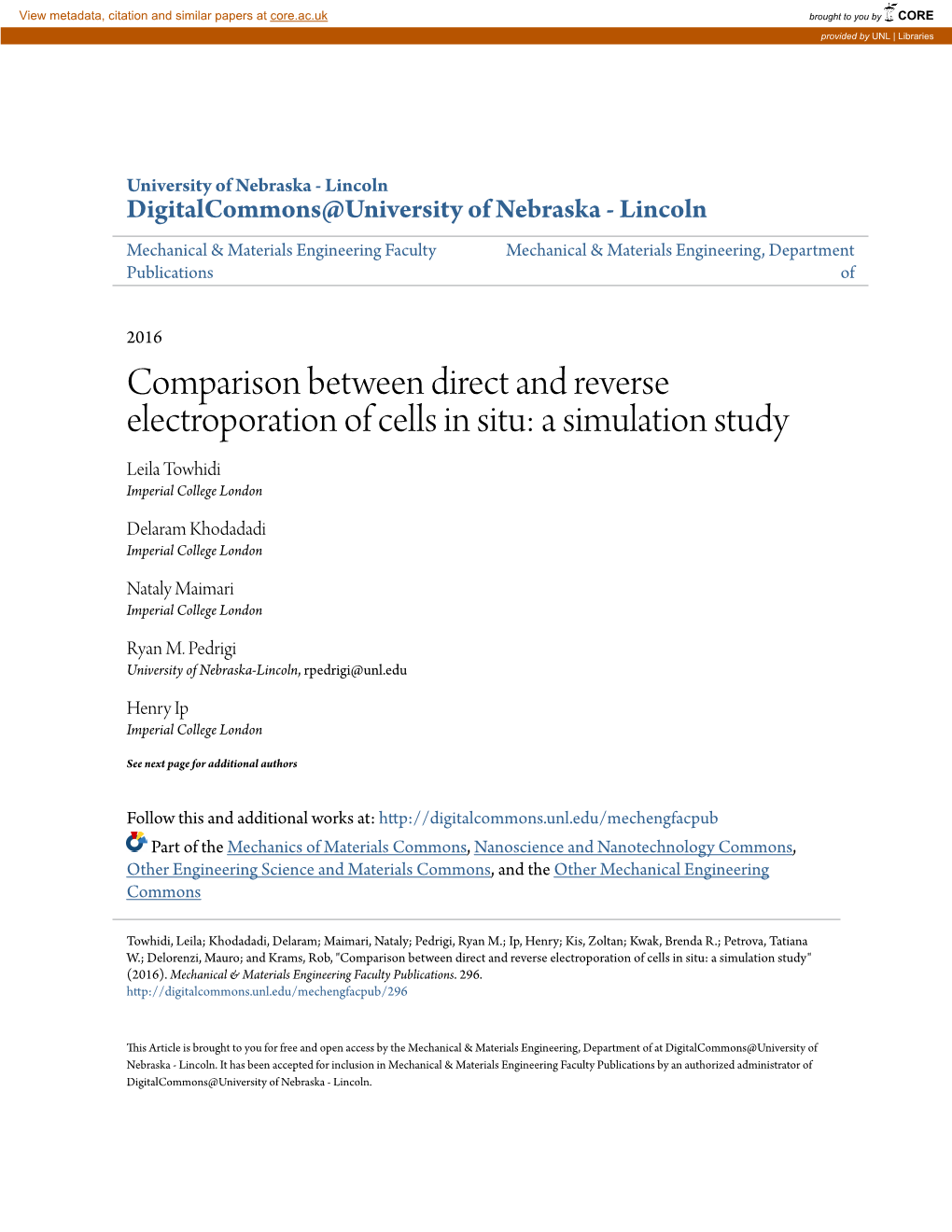 Comparison Between Direct and Reverse Electroporation of Cells in Situ: a Simulation Study Leila Towhidi Imperial College London