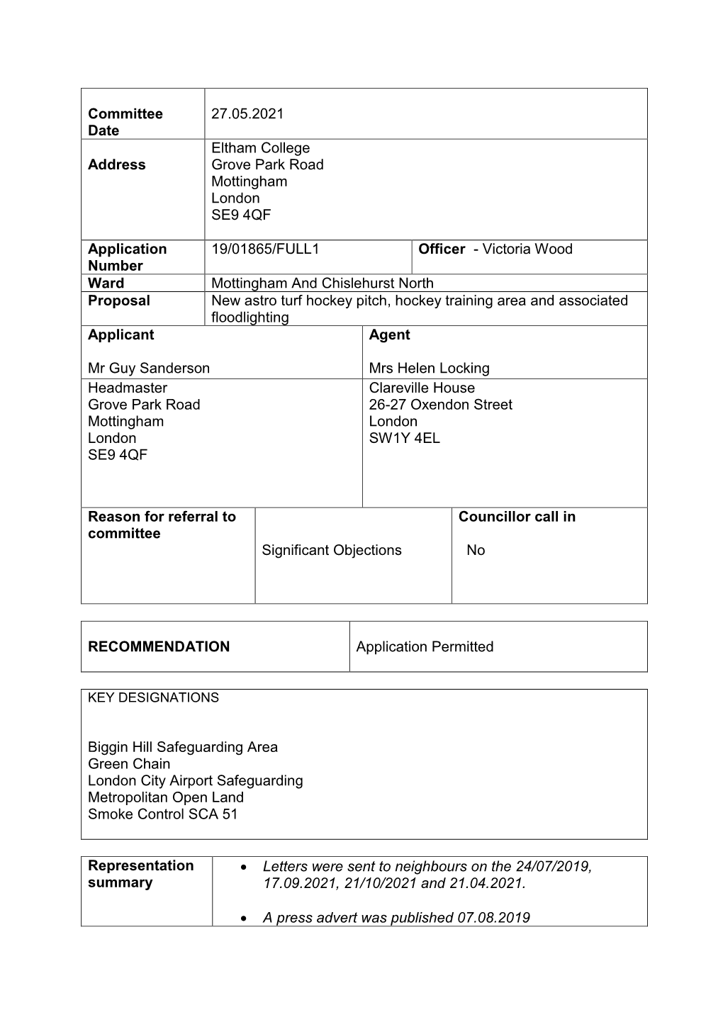 Committee Date 27.05.2021 Address Eltham College Grove Park Road