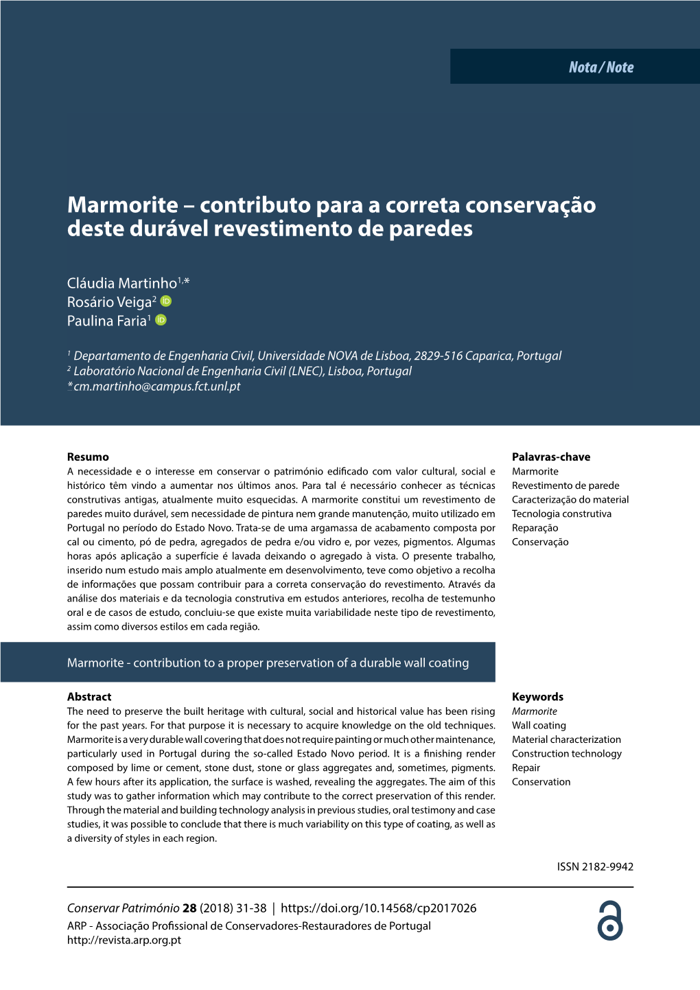 Marmorite – Contributo Para a Correta Conservação Deste Durável Revestimento De Paredes Título